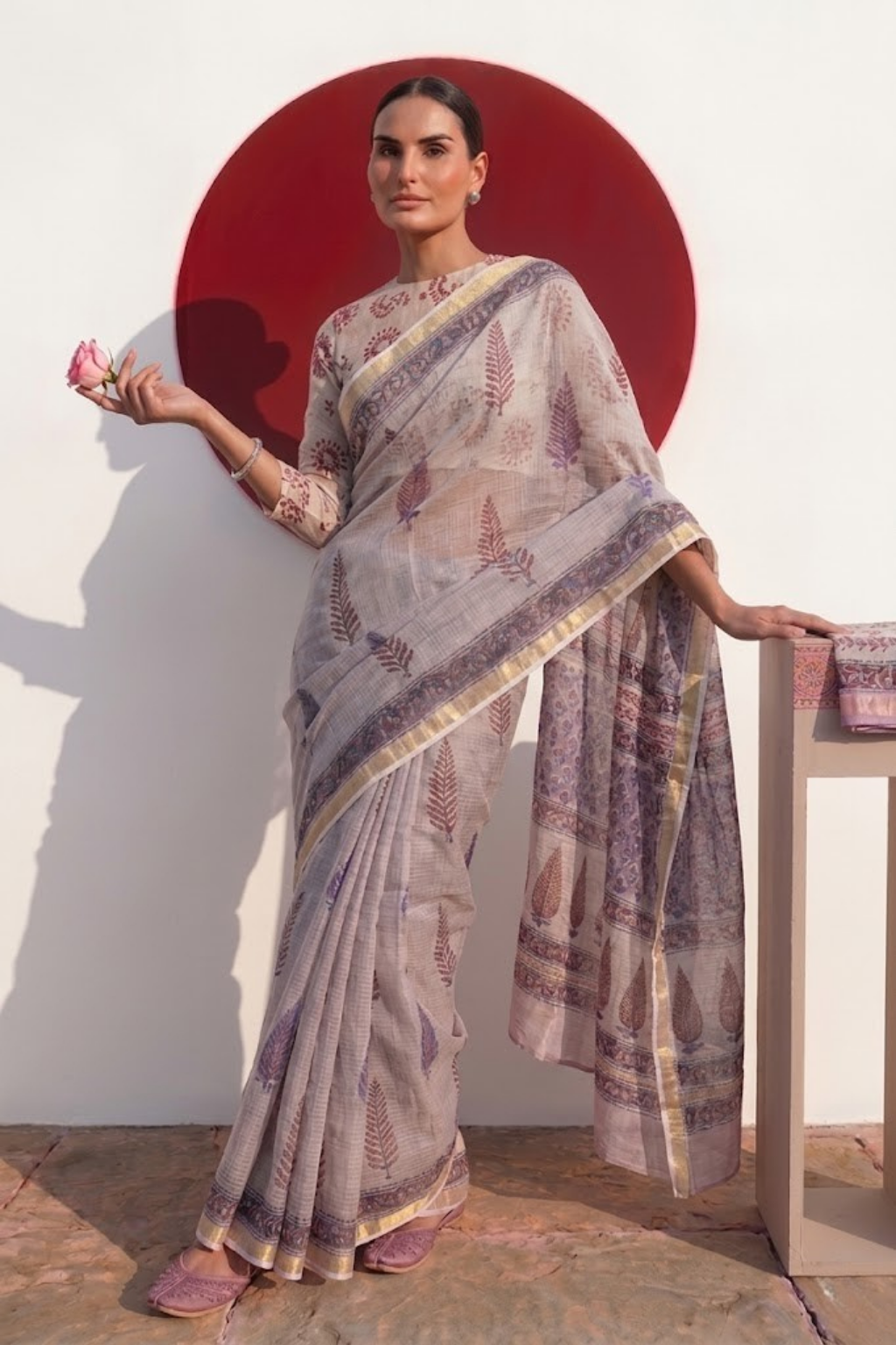 Lilac Pure Silk Kota Printed Saree with Blouse Fabric