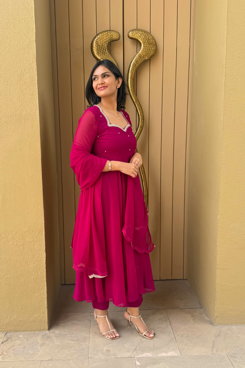 3 pc Suit Set -Rebel Georgette 3/4th Sleeve Anarkali with Embroidery and Dupatta with Pants