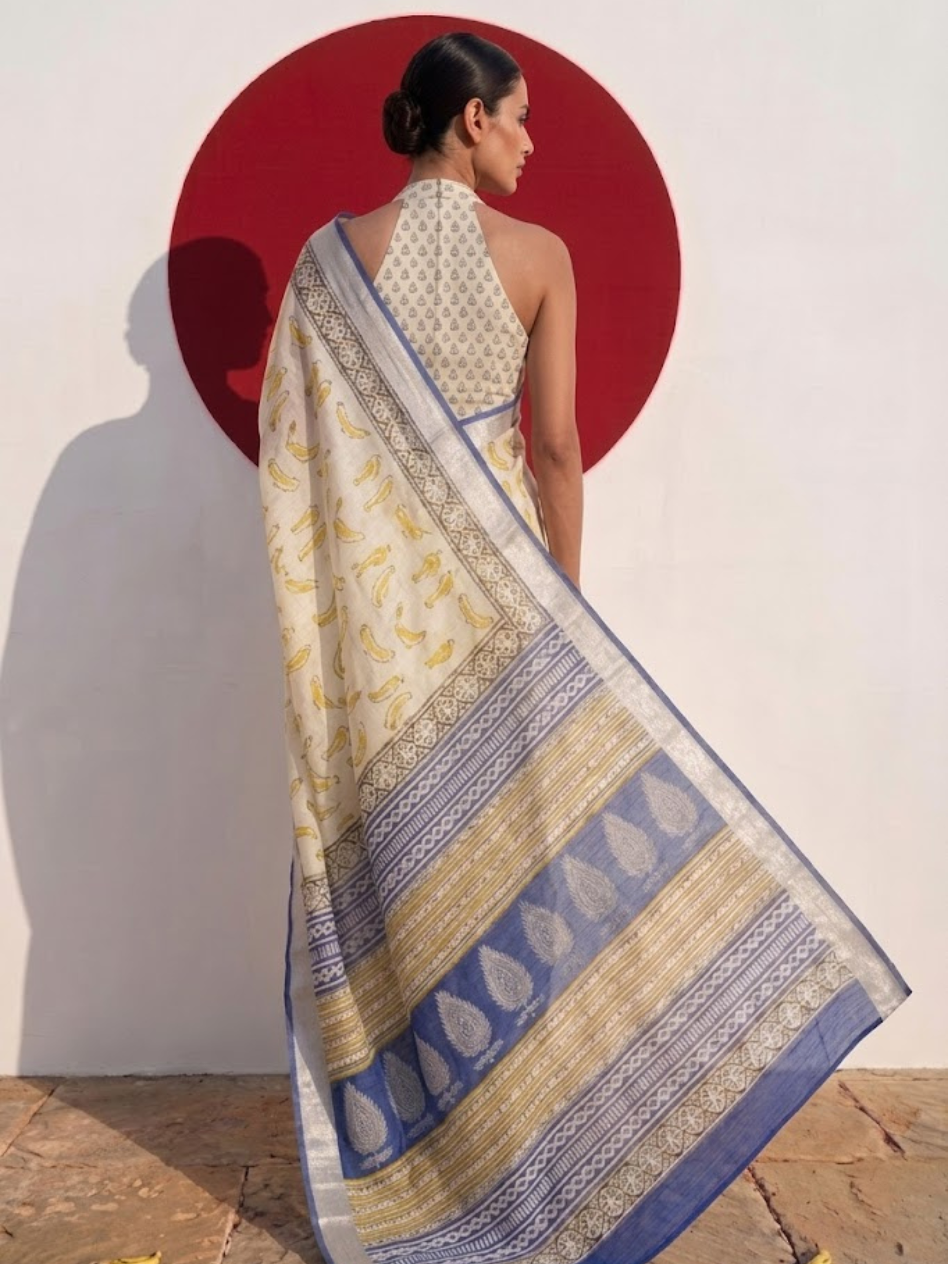 Cream and Blue Yellow Hand Printed Soft Cotton Saree with Blouse Fabric