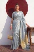 Gajji Grey Silk Saree with Zari Pallu with Blouse Fabric
