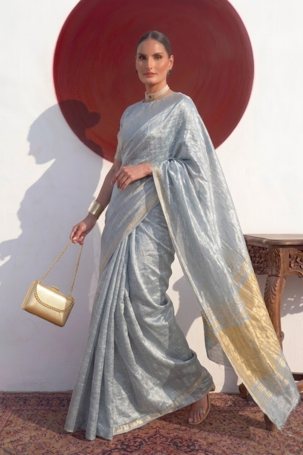 Gajji Grey Silk Saree with Zari Pallu with Blouse Fabric