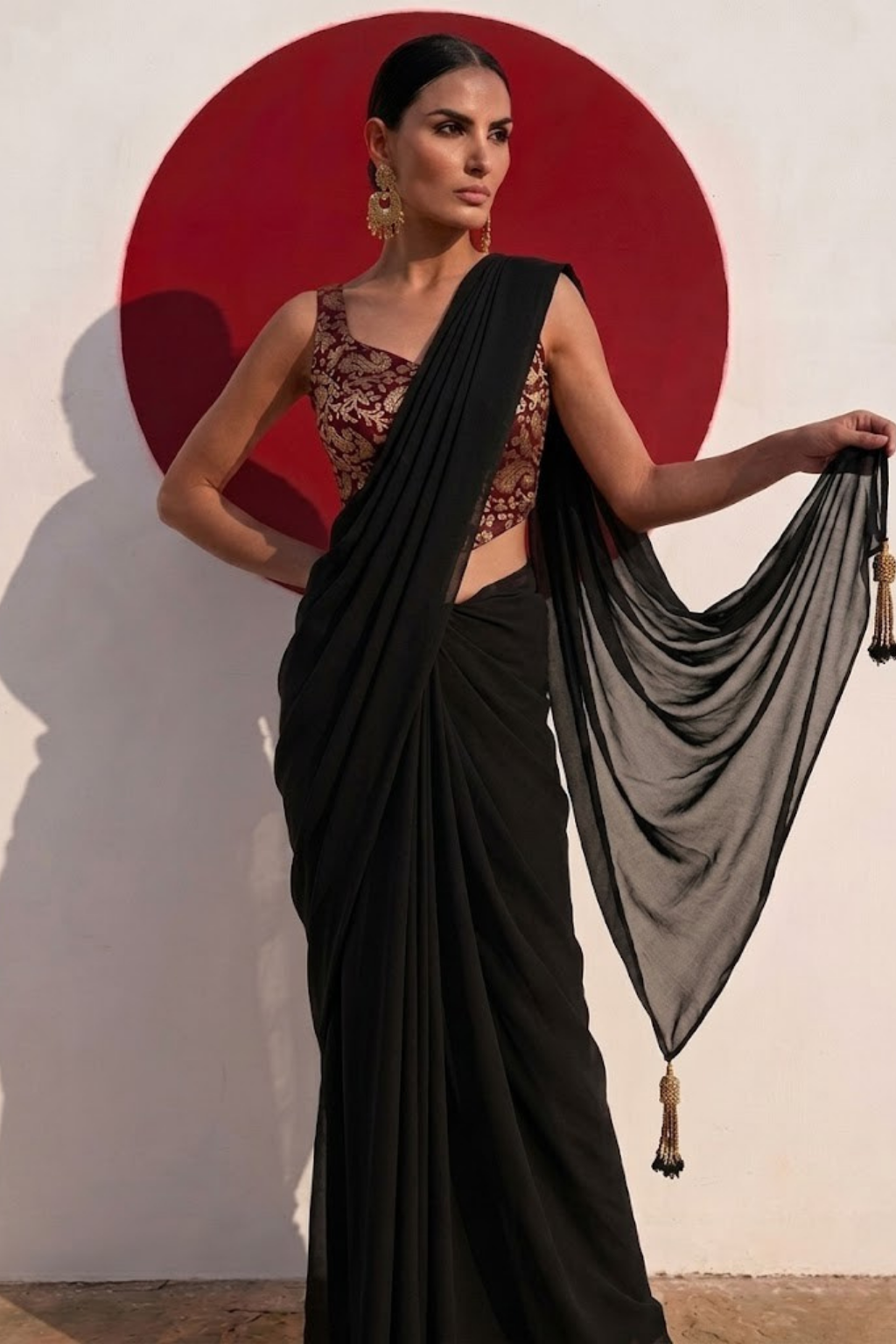 With Stitched Blouse - Maroon Brocade Blouse with Black Chiffon Saree (Blouse has sleeve attached)