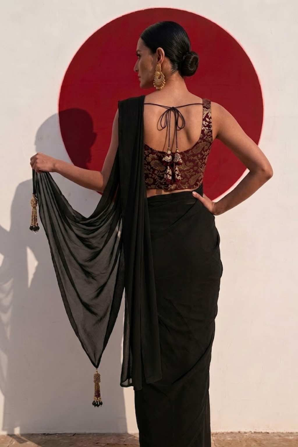 With Stitched Blouse - Maroon Brocade Blouse with Black Chiffon Saree (Blouse has sleeve attached)