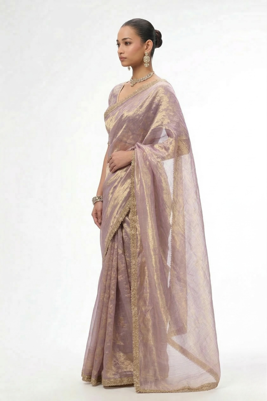 With Ready Blouse - Grey Lilac Magic Metallic Saree with Lace and Grey Jacqard Blouse