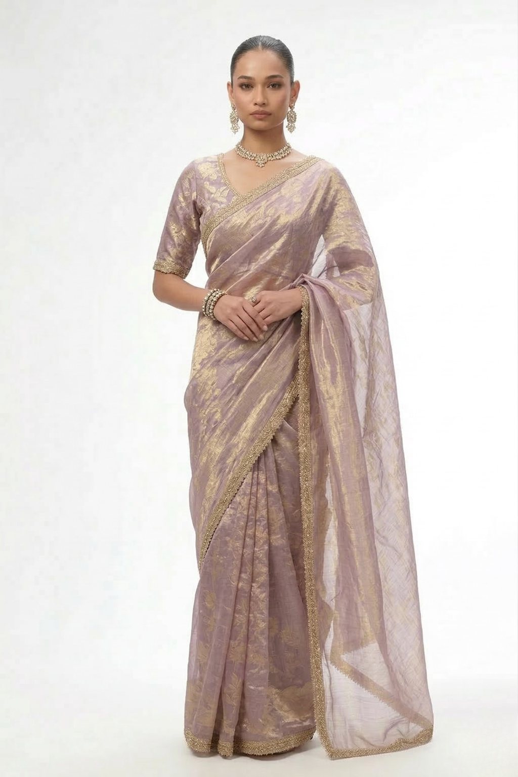 With Ready Blouse - Grey Lilac Magic Metallic Saree with Lace and Grey Jacqard Blouse