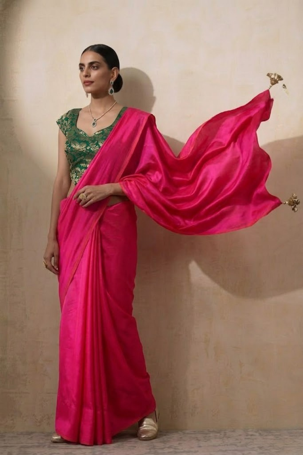With Stitched Blouse - Green Brocade Blouse with Fuchsia Pink Dual Tone  Satin Saree (Blouse has sleeve attached)