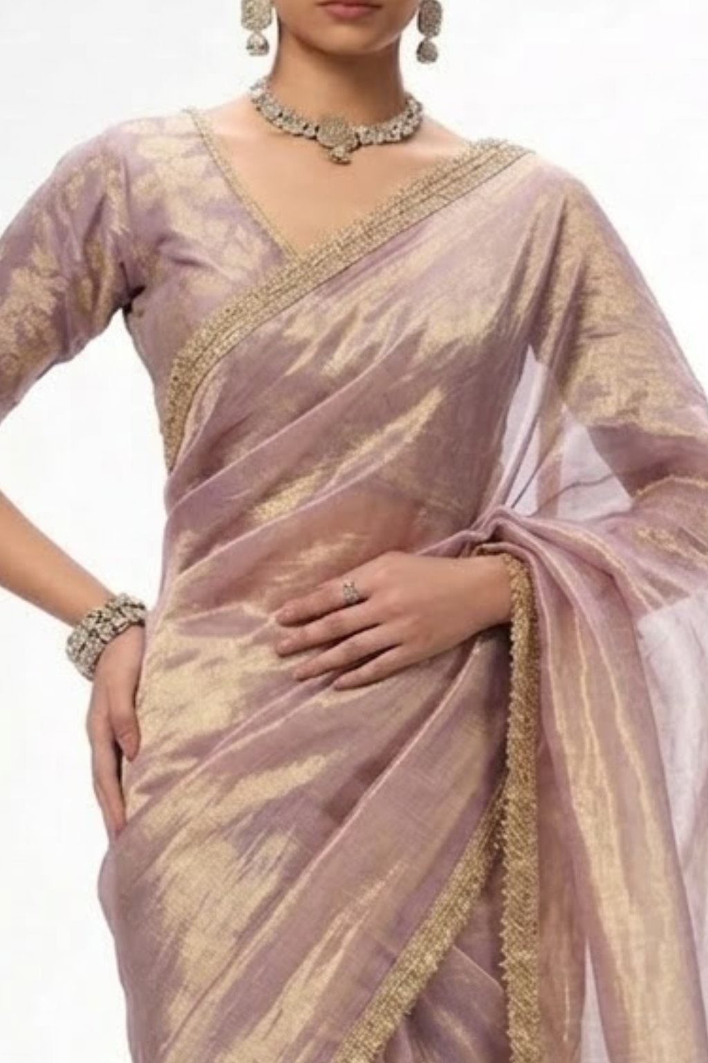 With Ready Blouse - Grey Lilac Magic Metallic Saree with Lace and Grey Jacqard Blouse