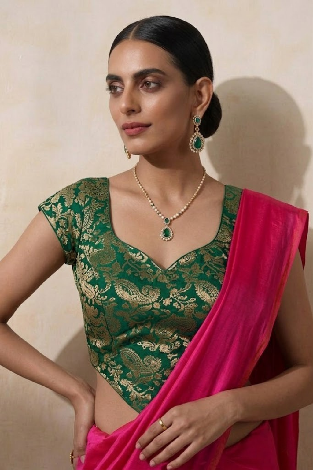 With Stitched Blouse - Green Brocade Blouse with Fuchsia Pink Dual Tone  Satin Saree (Blouse has sleeve attached)