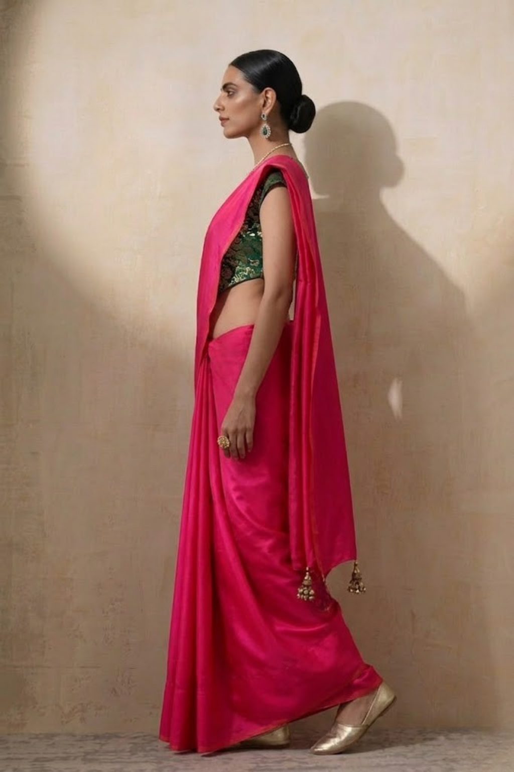 With Stitched Blouse - Green Brocade Blouse with Fuchsia Pink Dual Tone  Satin Saree (Blouse has sleeve attached)