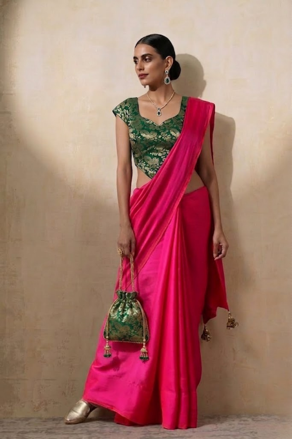 With Stitched Blouse - Green Brocade Blouse with Fuchsia Pink Dual Tone  Satin Saree (Blouse has sleeve attached)