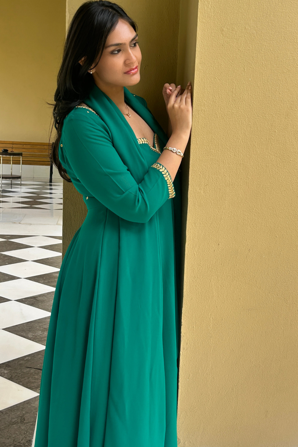 3 pc Suit Set - Terribily Nice Green Georgette 3/4th Sleeve Anarkali with Gold Embroidery and Dupatta with Pants