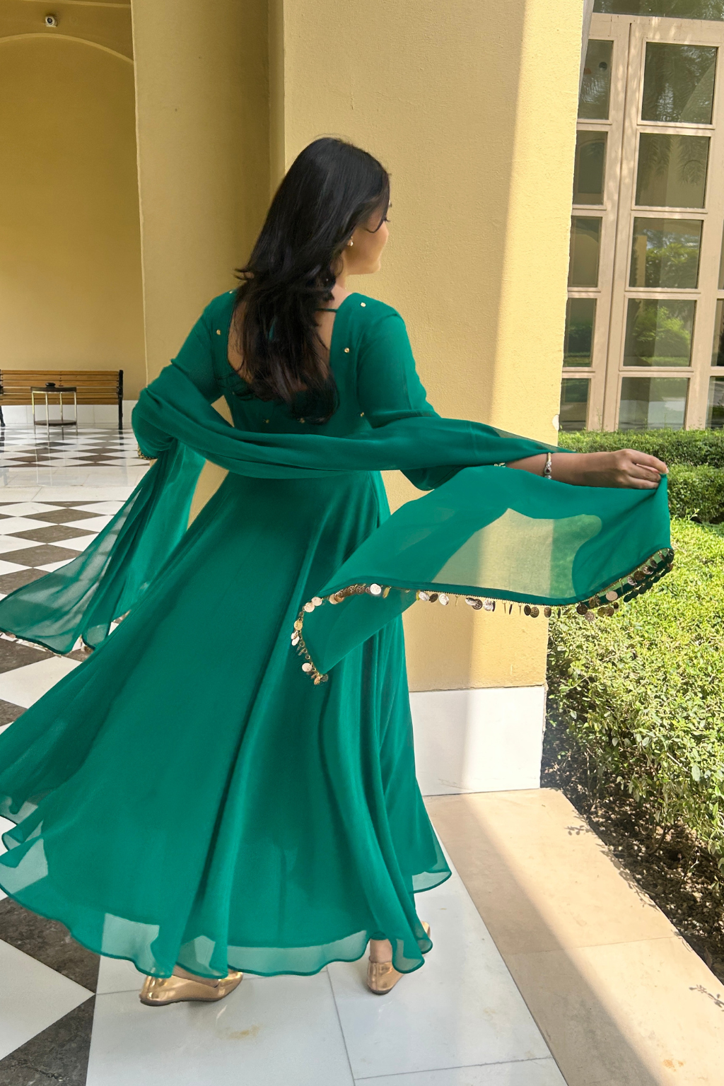 3 pc Suit Set - Terribily Nice Green Georgette 3/4th Sleeve Anarkali with Gold Embroidery and Dupatta with Pants