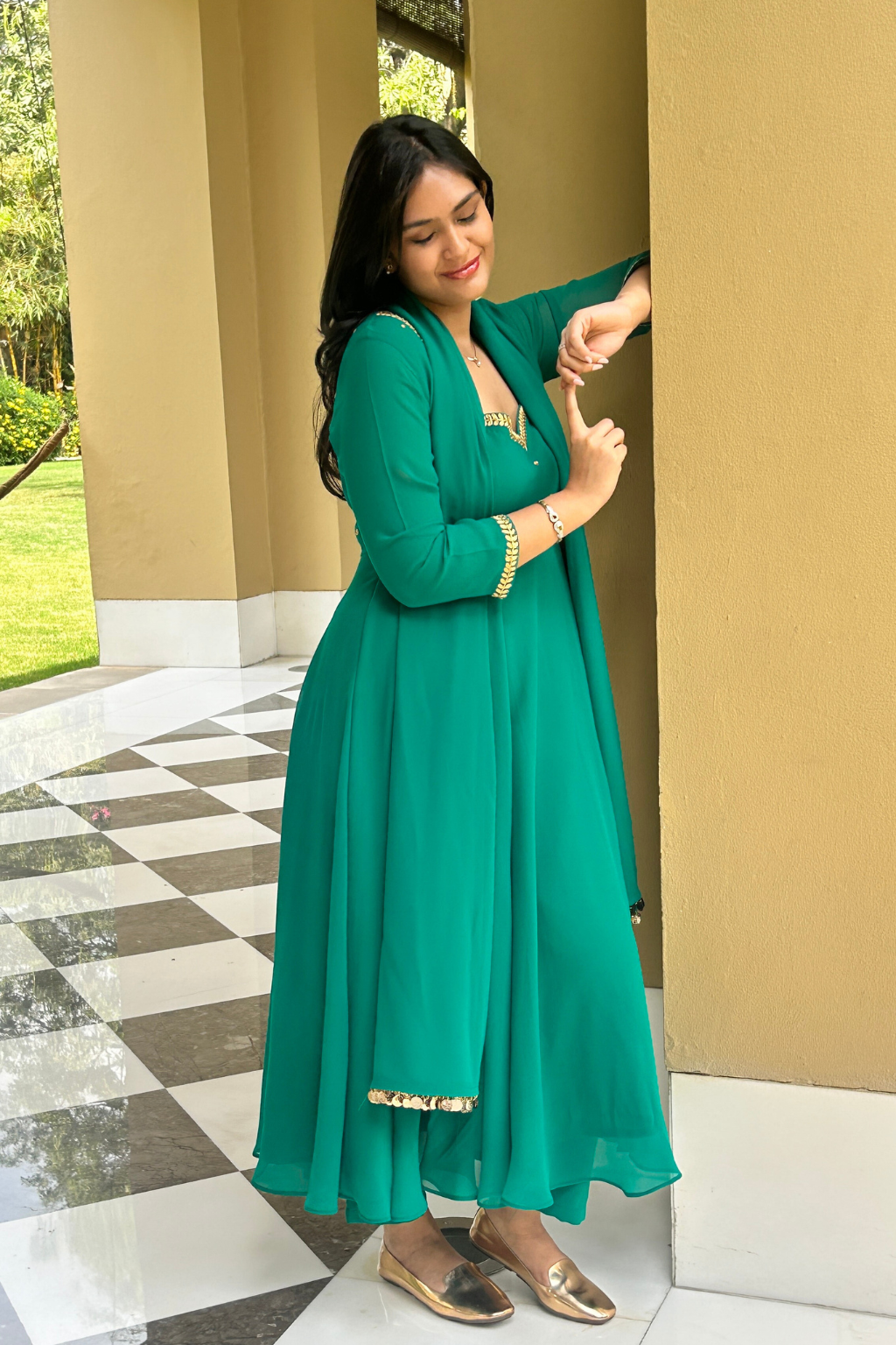 3 pc Suit Set - Terribily Nice Green Georgette 3/4th Sleeve Anarkali with Gold Embroidery and Dupatta with Pants