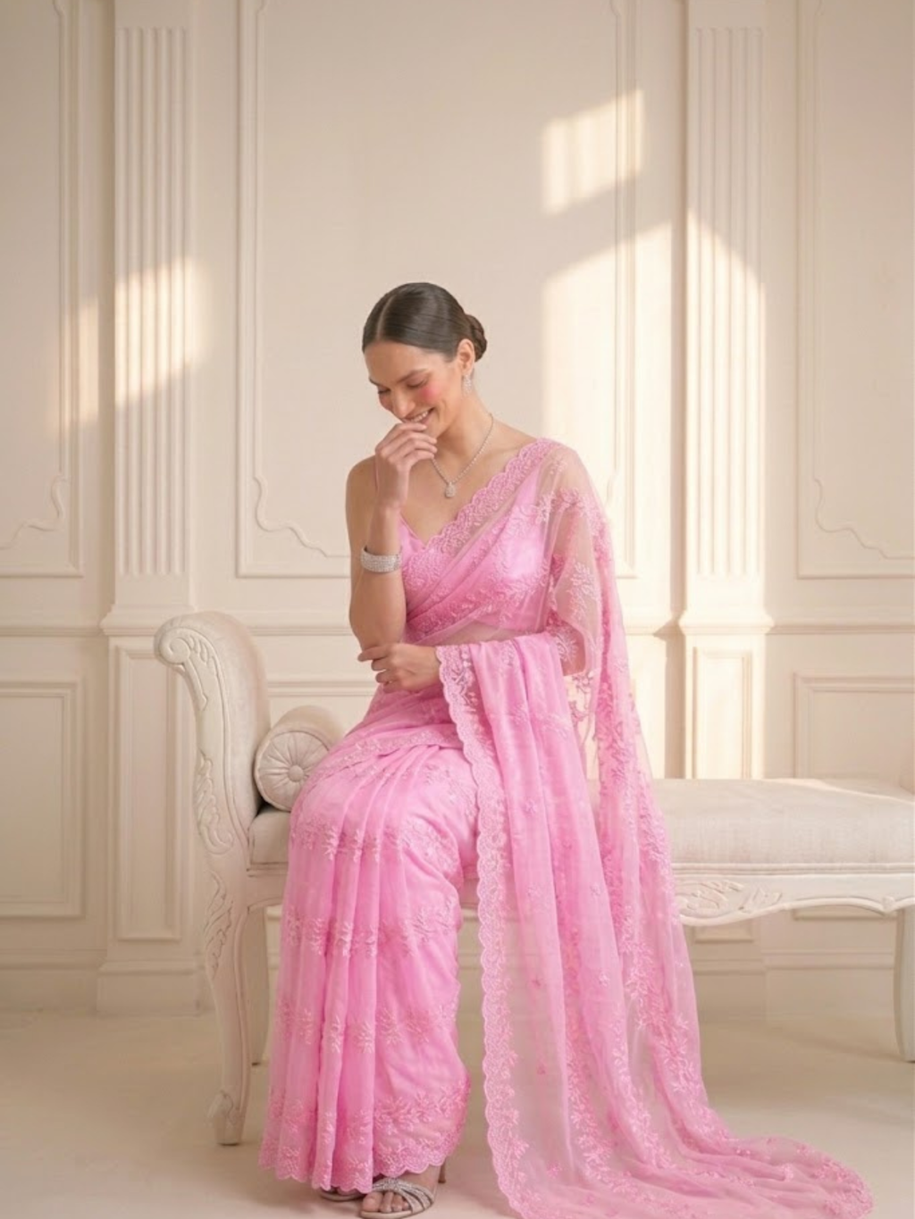Blush Pink Stripe Lace Saree with Sequin and Blouse Fabric