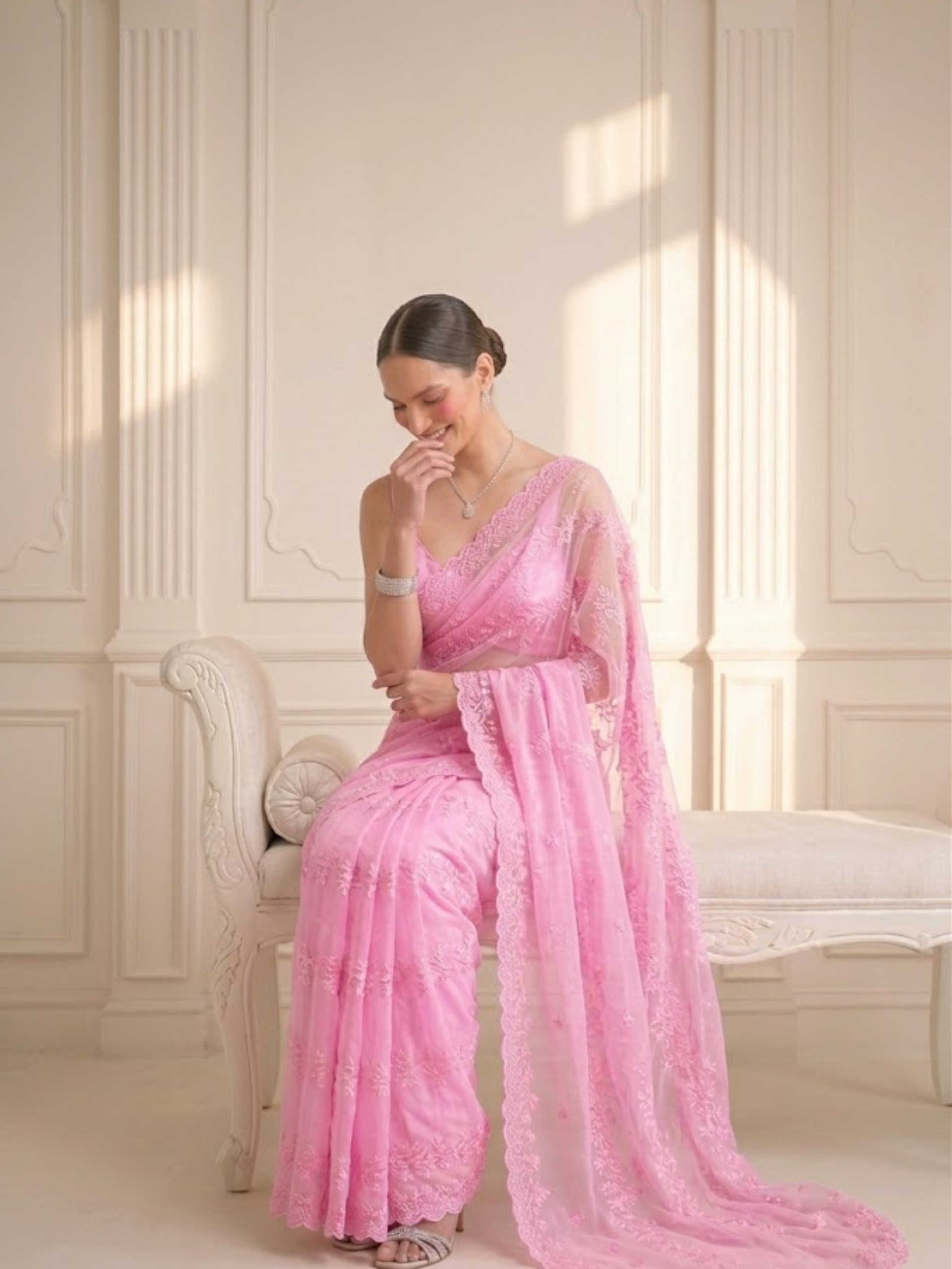 Blush Pink Stripe Lace Saree with Sequin and Blouse Fabric