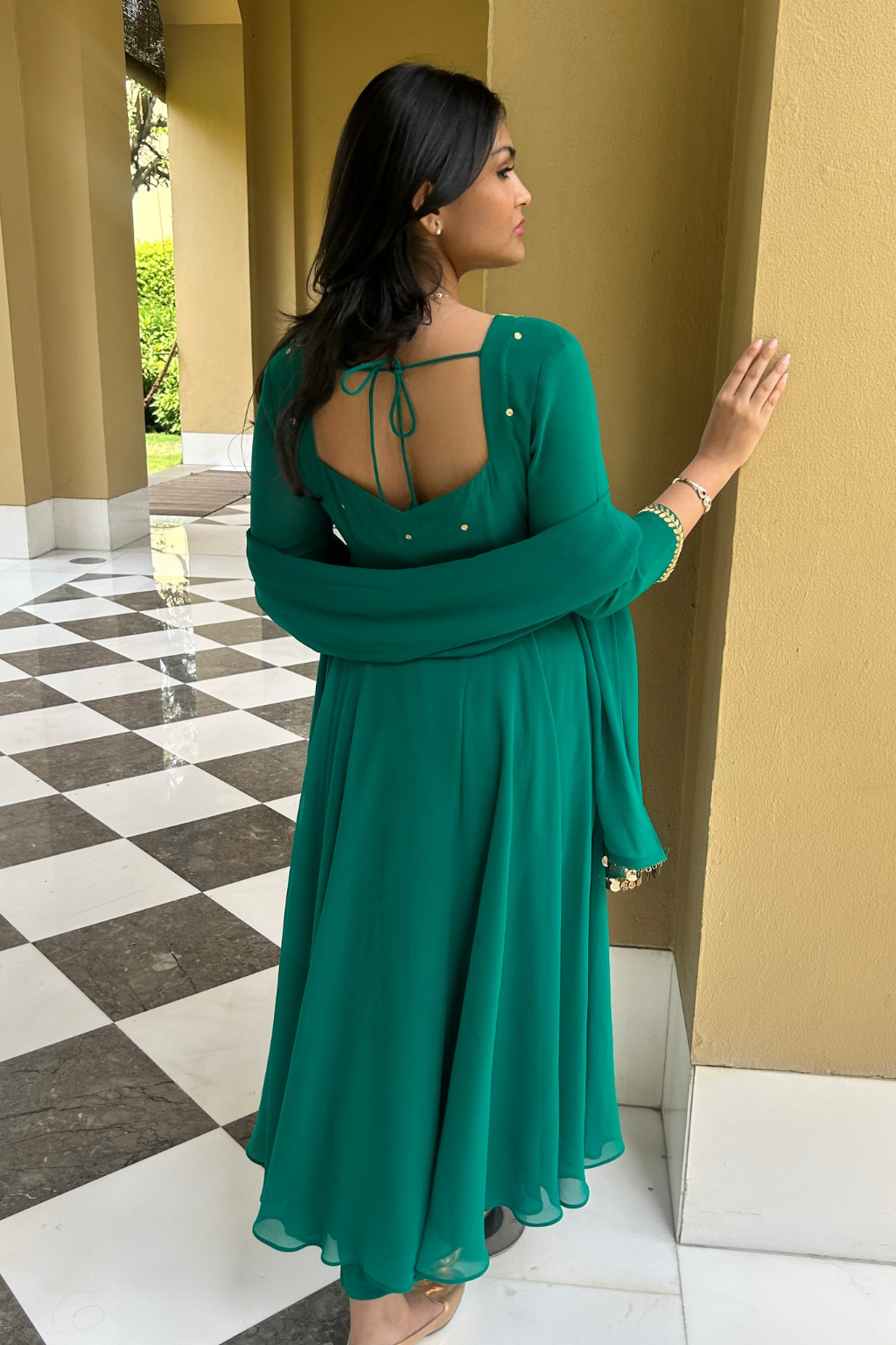 3 pc Suit Set - Terribily Nice Green Georgette 3/4th Sleeve Anarkali with Gold Embroidery and Dupatta with Pants