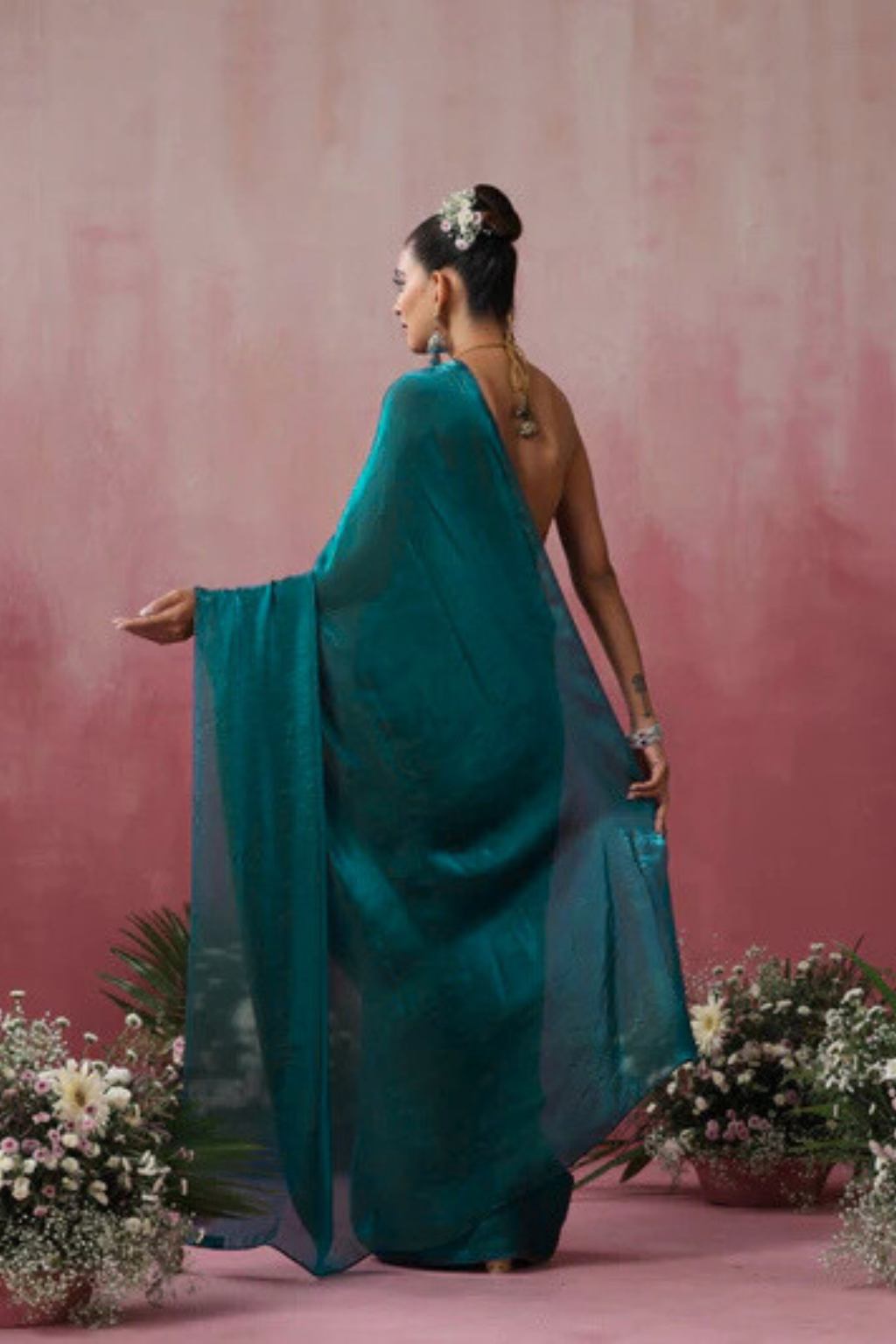 Green Metallic Satin Saree with Pendants and Blouse Fabric