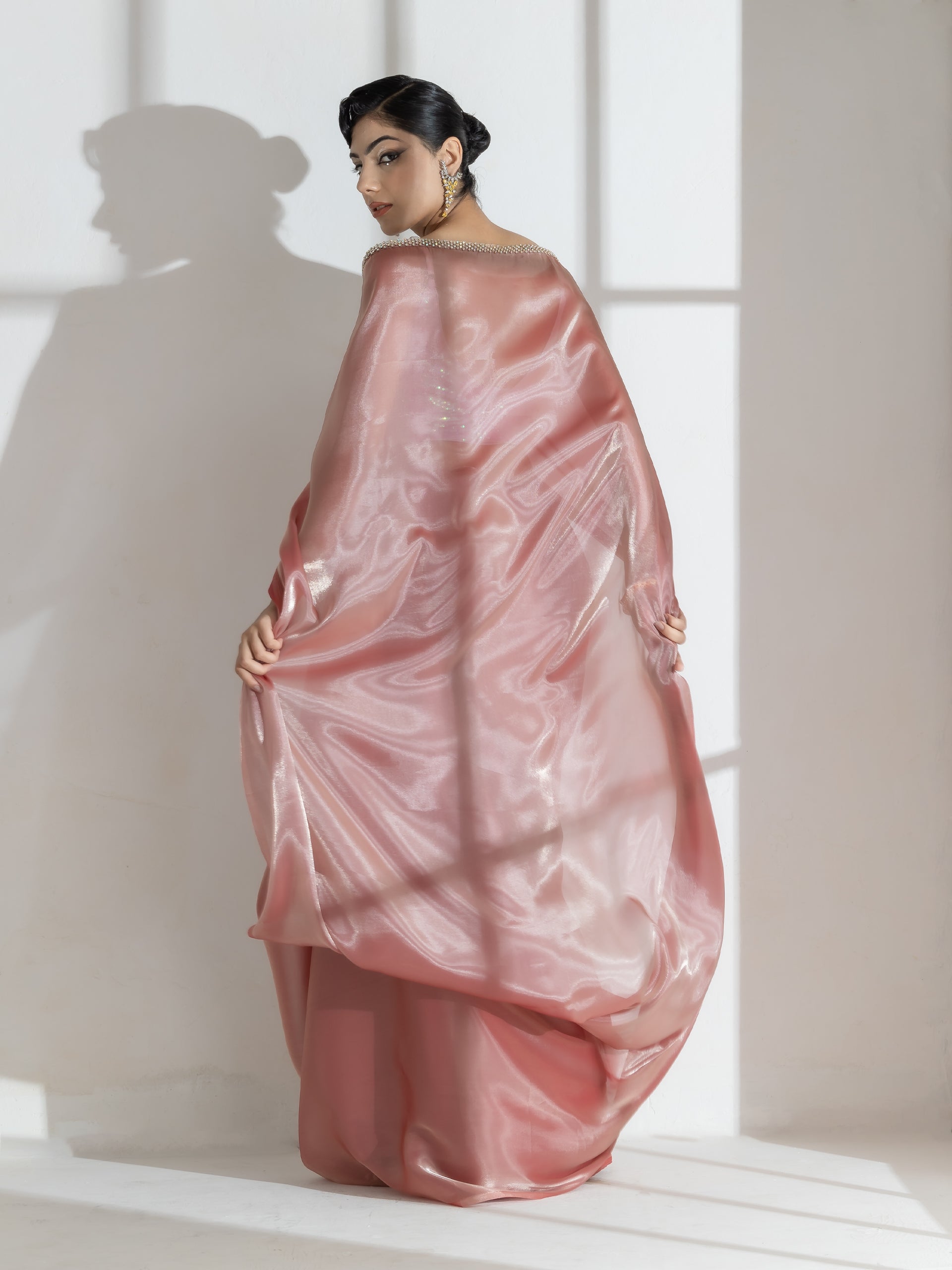 Mettalic Bloom Organza Satin Saree  with Diamond Studs and Self Blouse Fabric
