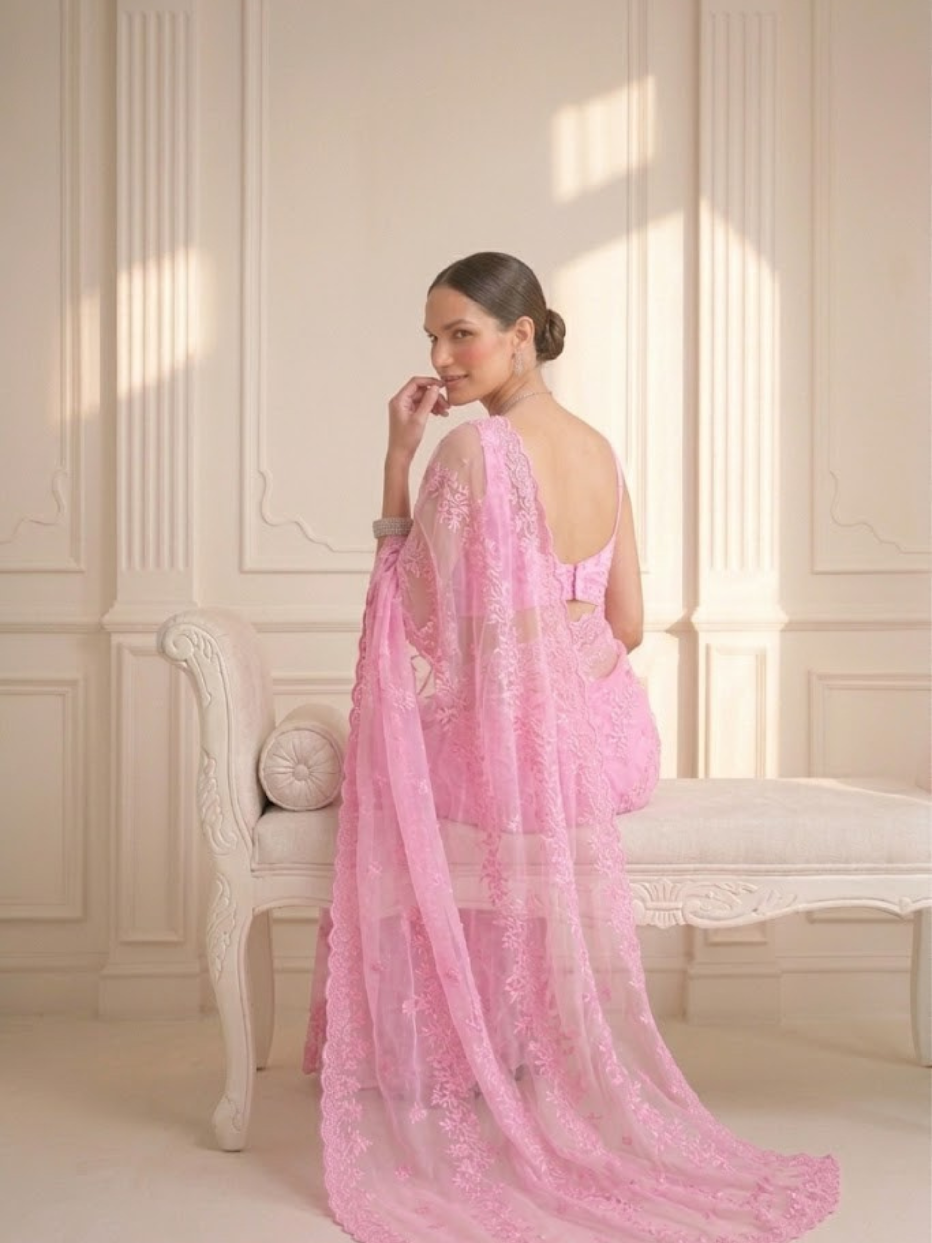 Blush Pink Stripe Lace Saree with Sequin and Blouse Fabric