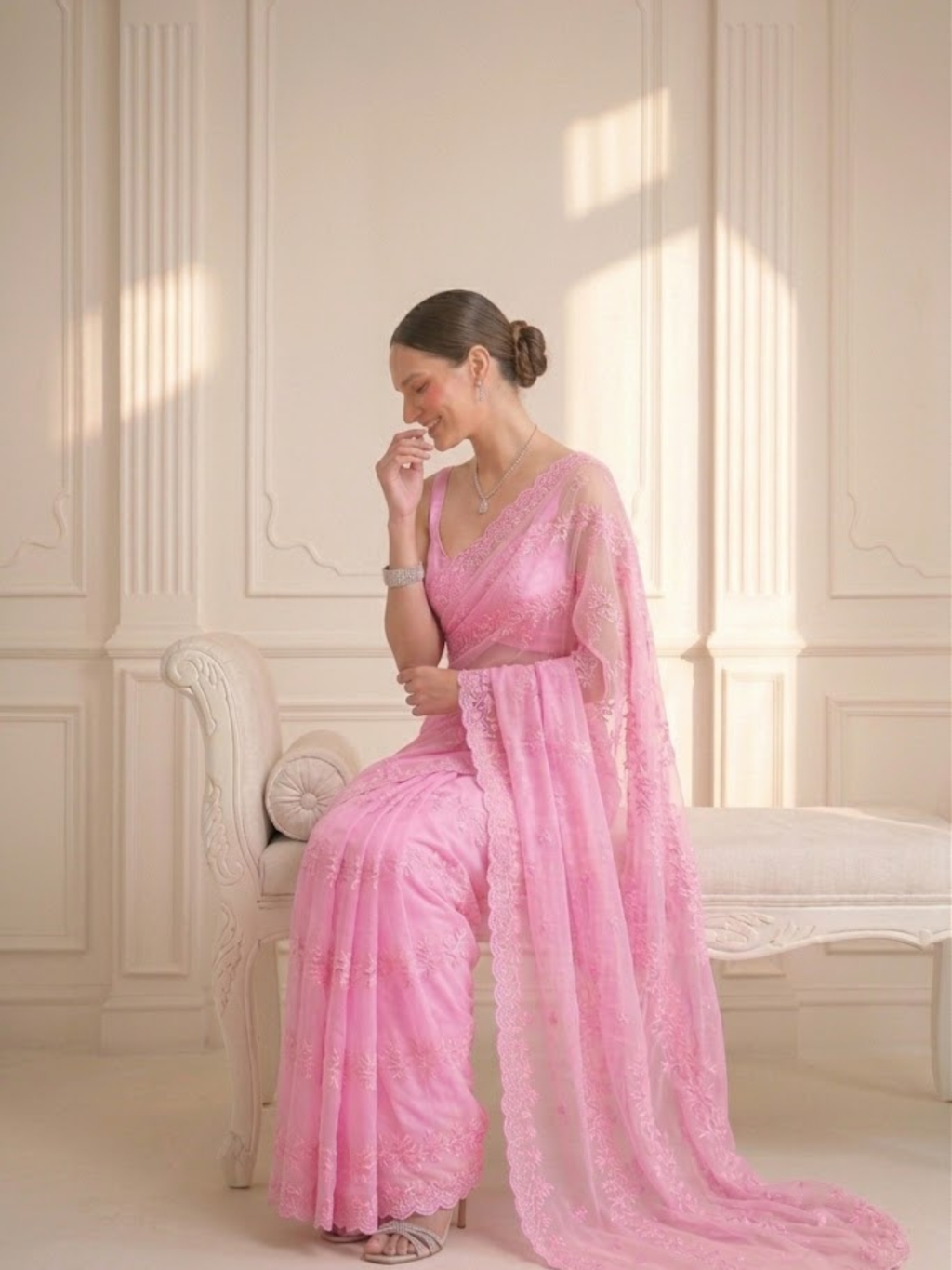 Blush Pink Stripe Lace Saree with Sequin and Blouse Fabric