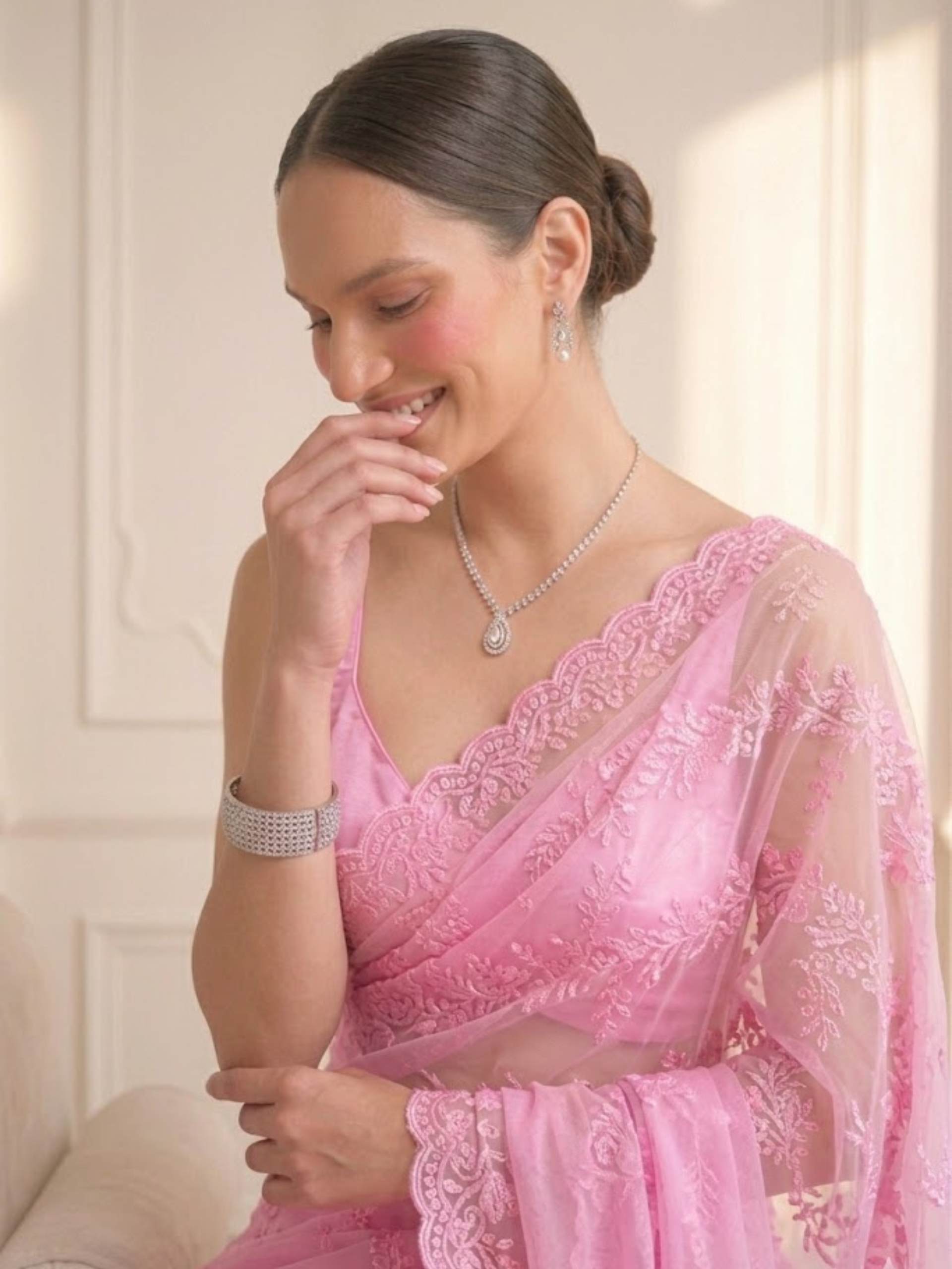 Blush Pink Stripe Lace Saree with Sequin and Blouse Fabric