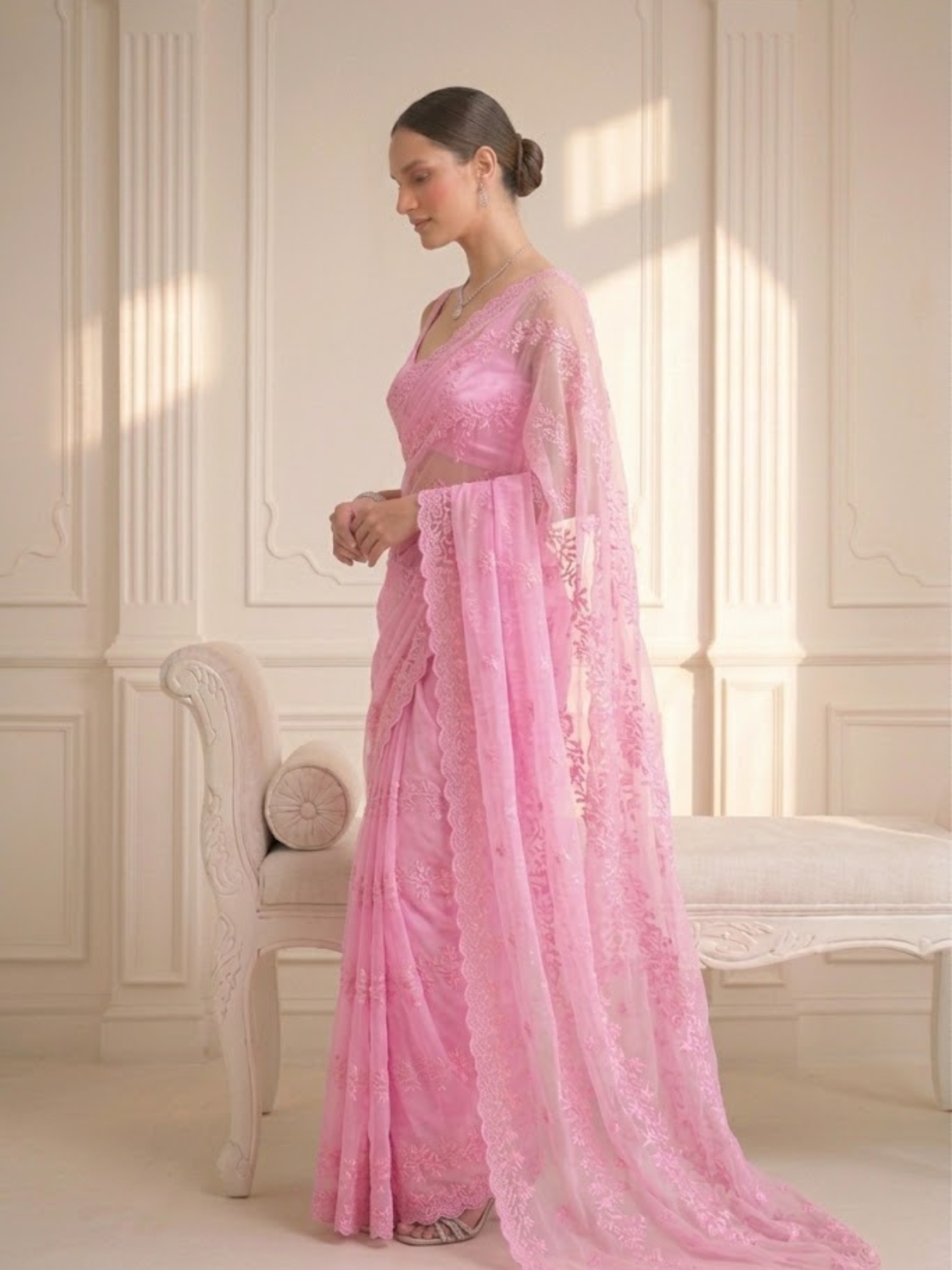 Blush Pink Stripe Lace Saree with Sequin and Blouse Fabric