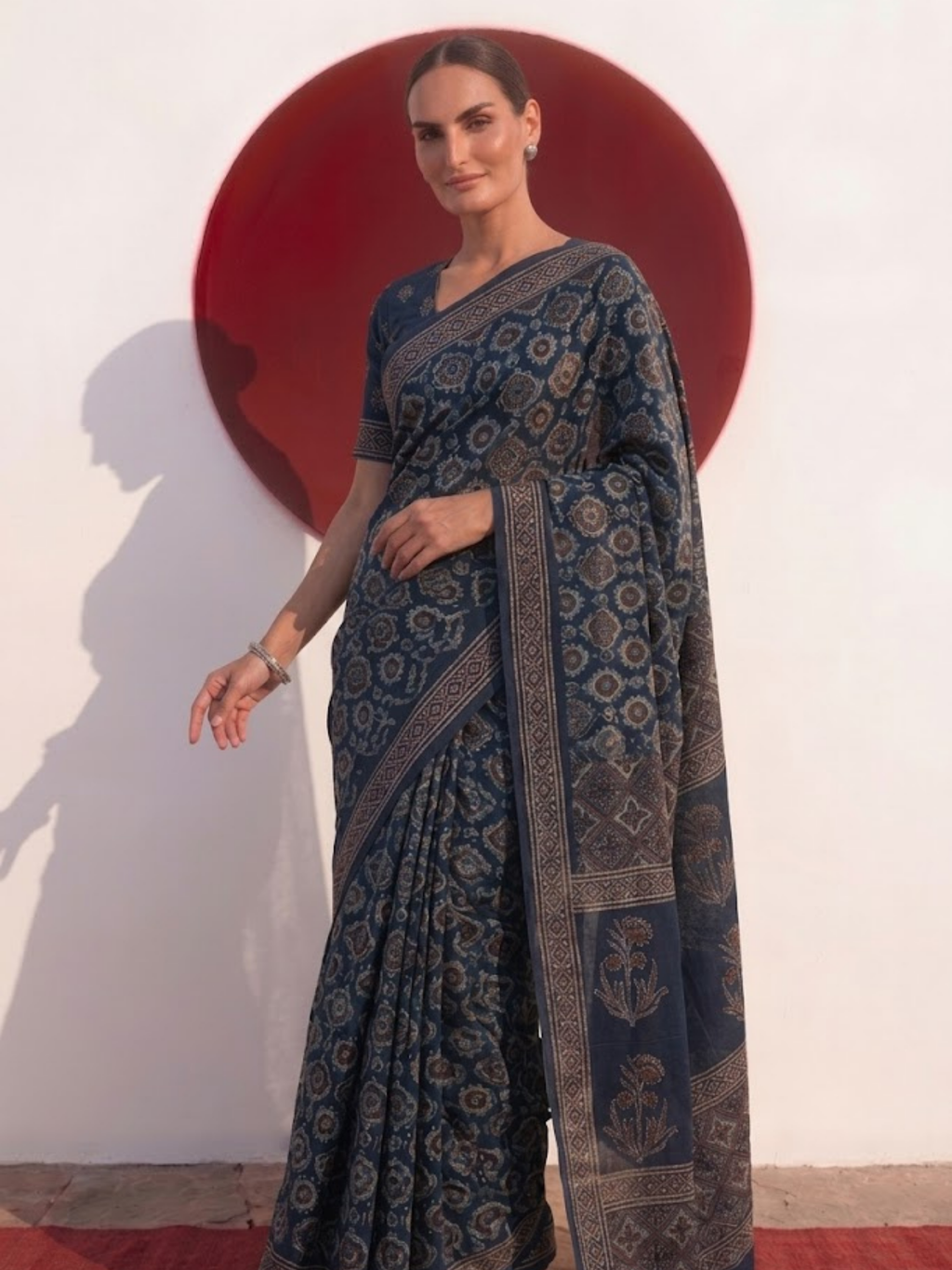 Modal Silk blue Printed Hand Block Printed Saree with Blouse Fabric