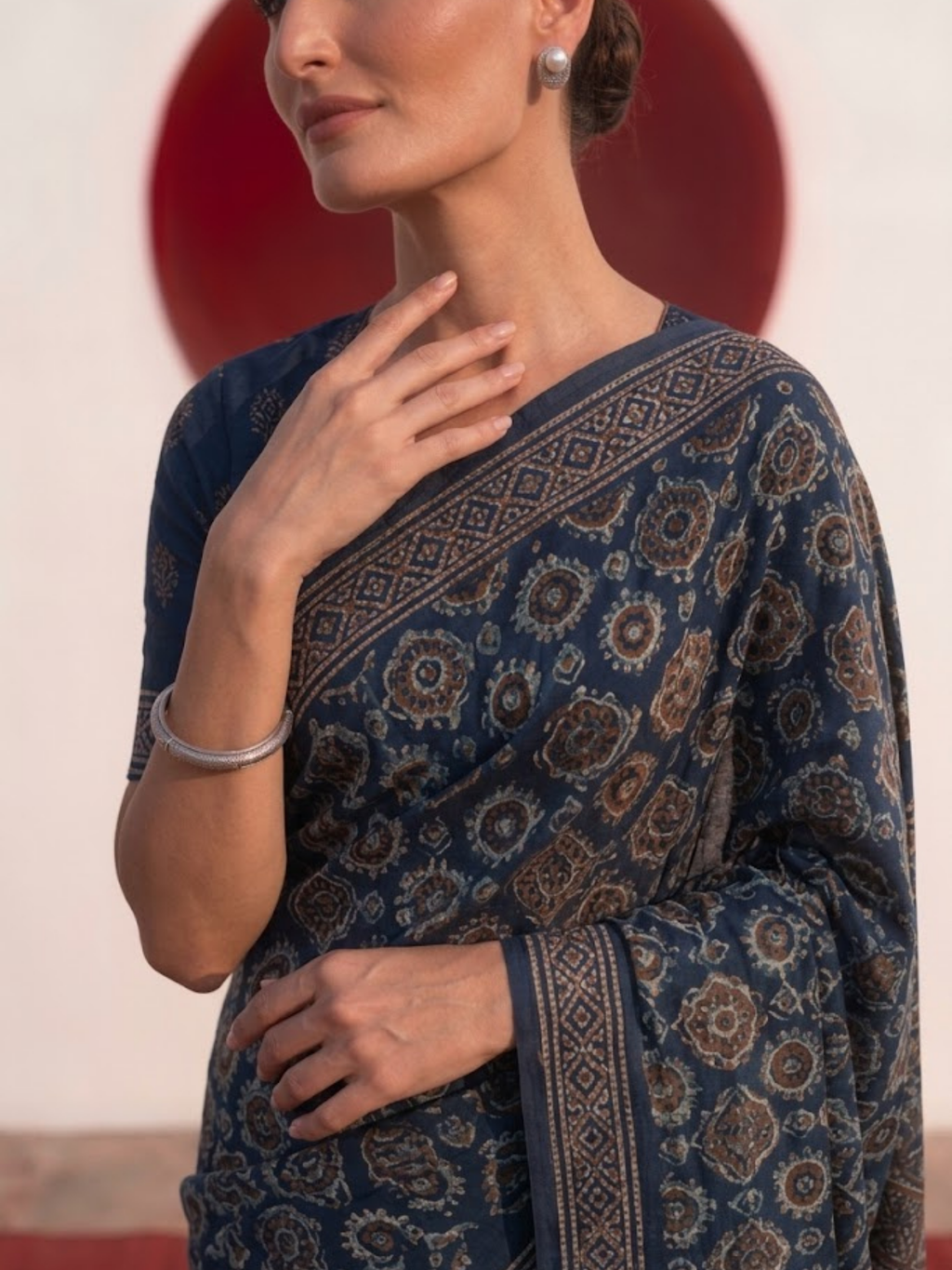 Modal Silk blue Printed Hand Block Printed Saree with Blouse Fabric