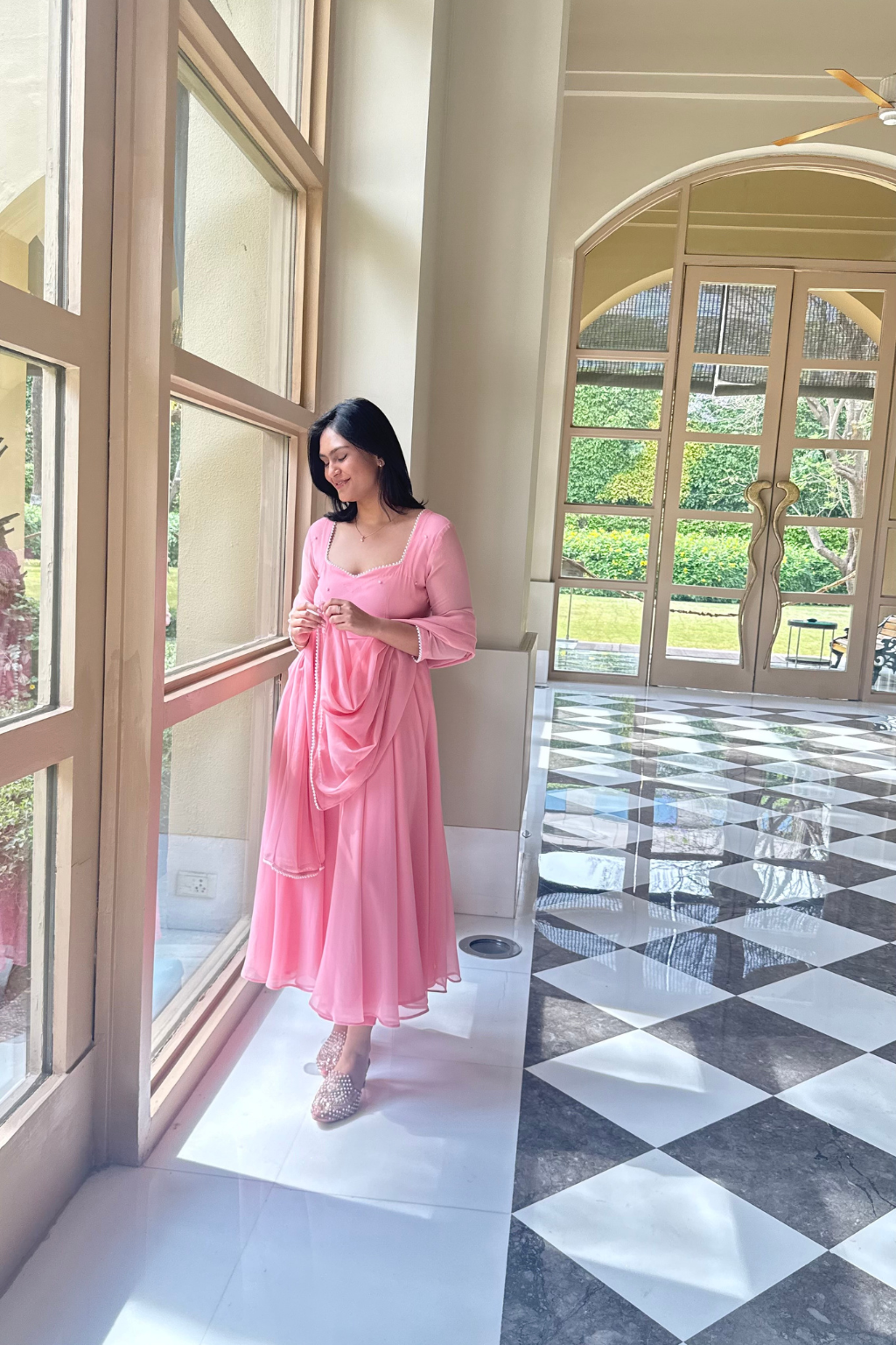 3 pc Suit Set -Light Pink Pearl Edge Georgette 3/4th Sleeve Anarkali with Dupatta and Pants