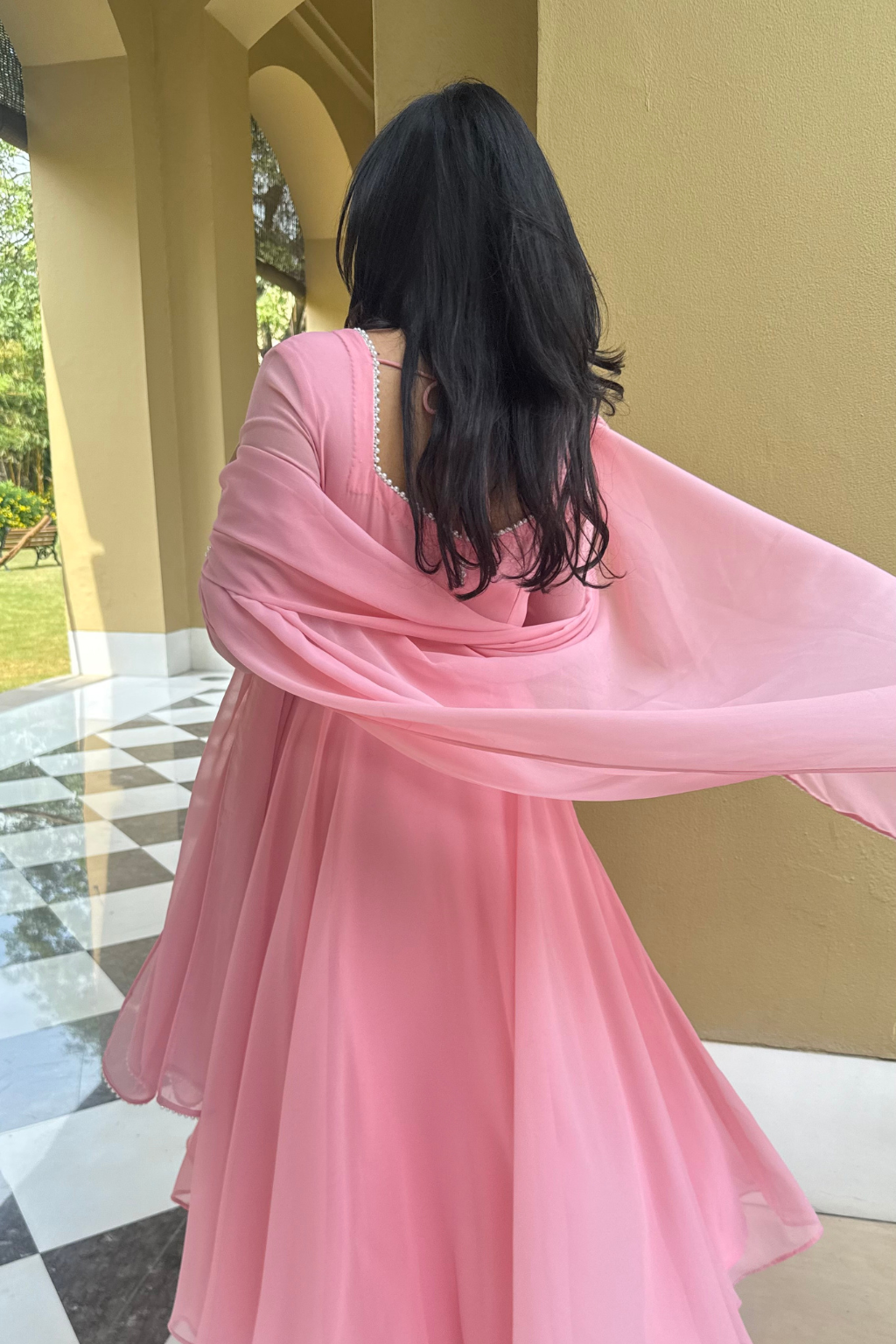 3 pc Suit Set -Light Pink Pearl Edge Georgette 3/4th Sleeve Anarkali with Dupatta and Pants