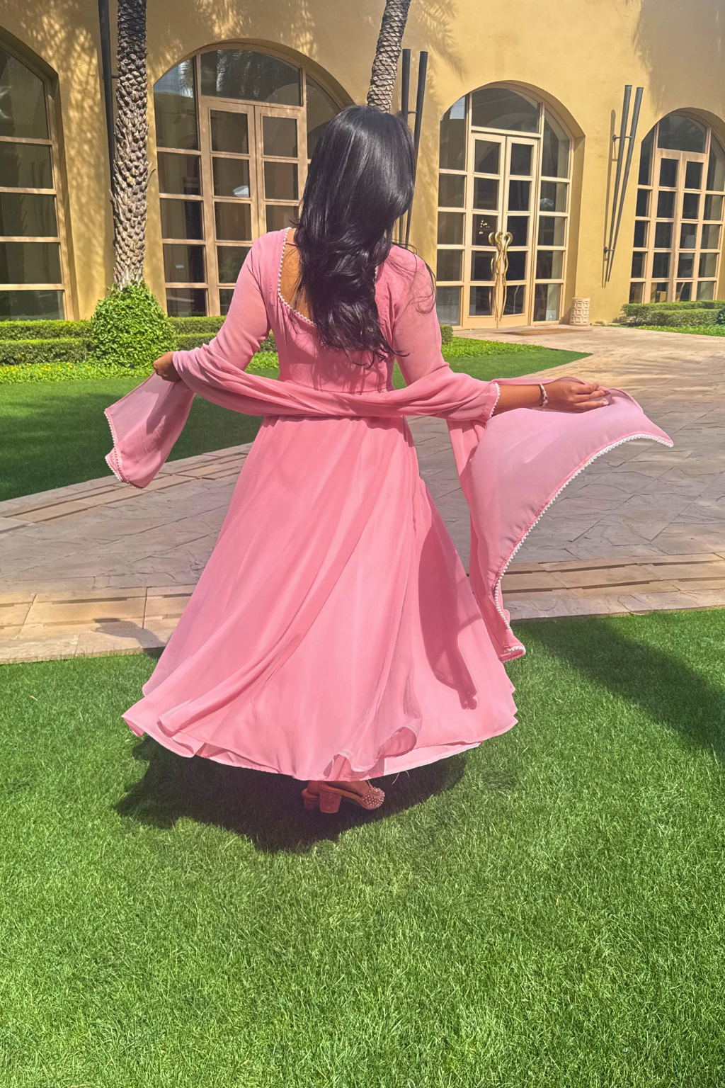 3 pc Suit Set -Light Pink Pearl Edge Georgette 3/4th Sleeve Anarkali with Dupatta and Pants