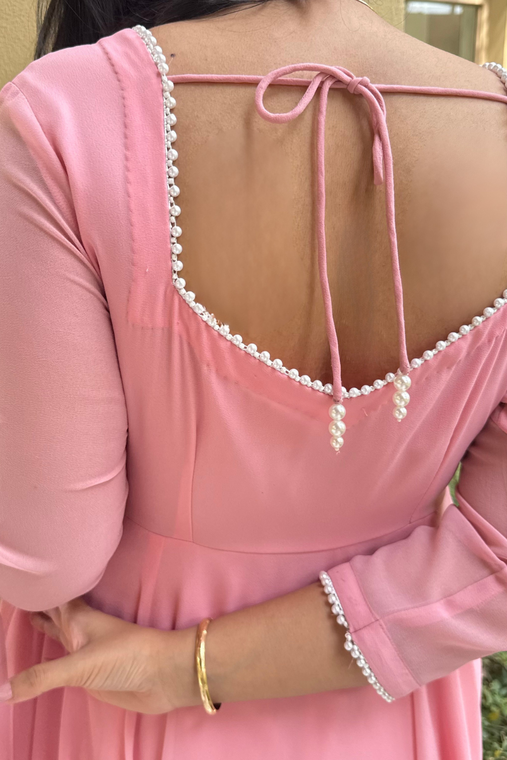 3 pc Suit Set -Light Pink Pearl Edge Georgette 3/4th Sleeve Anarkali with Dupatta and Pants