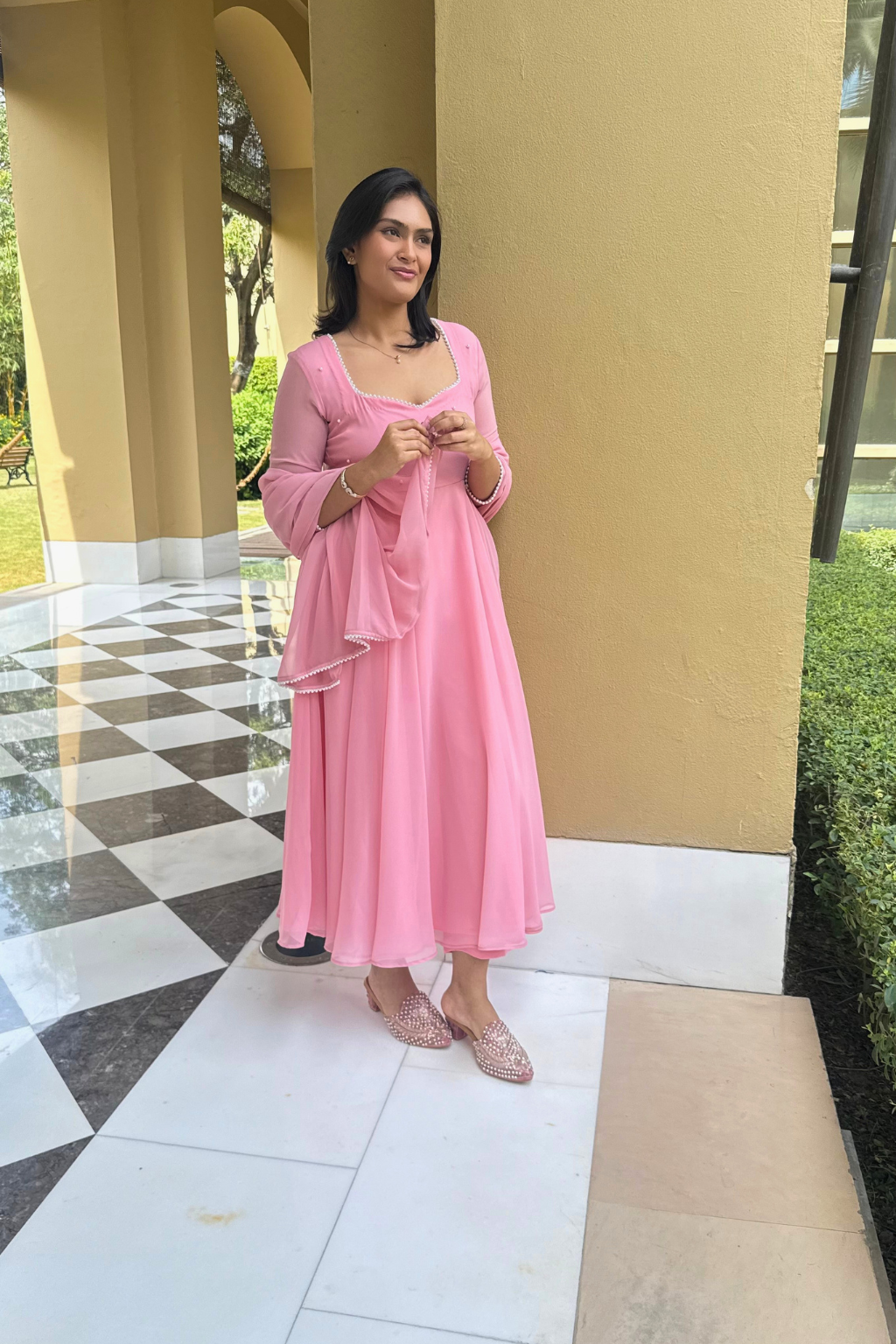 3 pc Suit Set -Light Pink Pearl Edge Georgette 3/4th Sleeve Anarkali with Dupatta and Pants