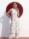 2 pc SET - Husk Cream and Grey Printed Linen Sleeveless Kurta and Pant