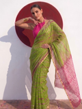 Green and Pink Pure Silk Kota Tie Dye Saree with Blouse Fabric