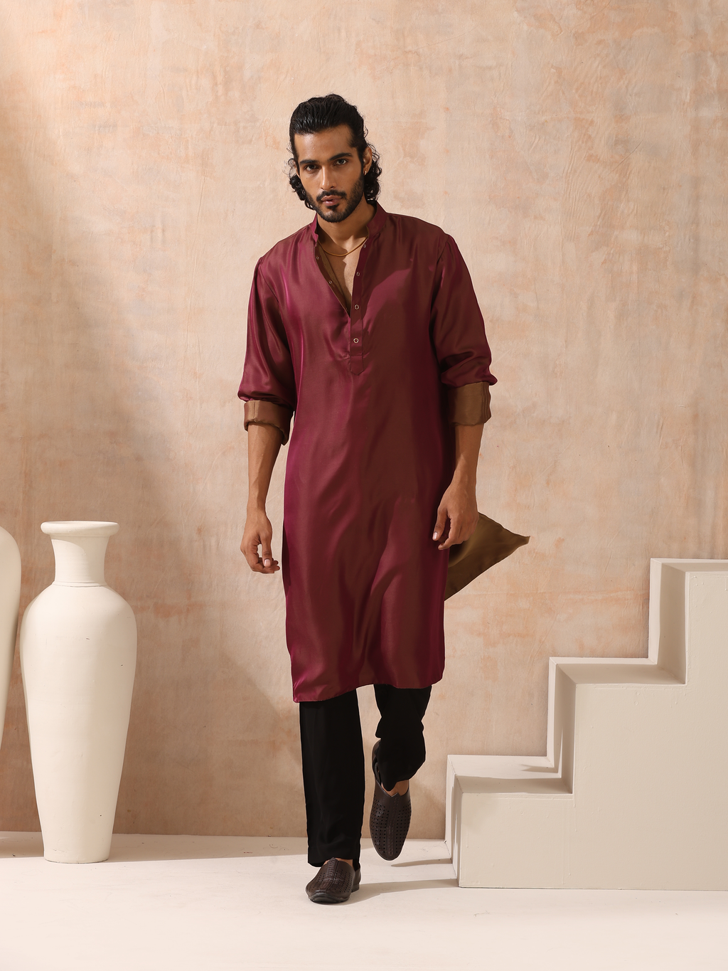 Reversible Maroon and Mustard Satin Kurta