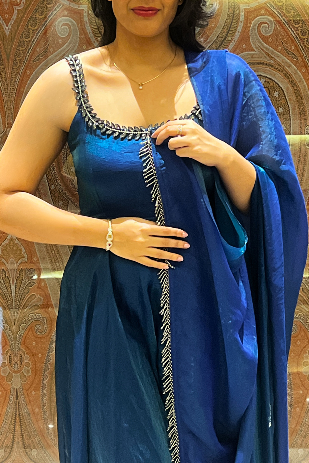 3 Pc Set -  Peacock Satin Sleeveless Anarkali Suit with Black Glass Beads Neckline with Pants and Dupatta