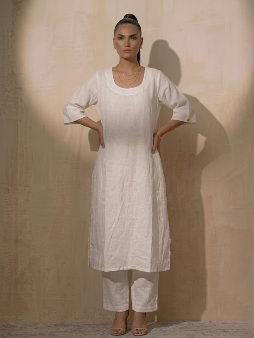 Swtantra White Linen Round Neck Elbow Sleeve Kurta with Pants