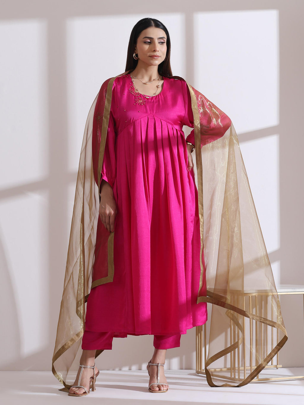 Women's Fuchsia Kurta with Flowers in Beads and Pants 2 Piece Set | A-Line, Anarkali, Round Neck, 3/4 Sleeves, Festive Wear, (Lux Fabric)