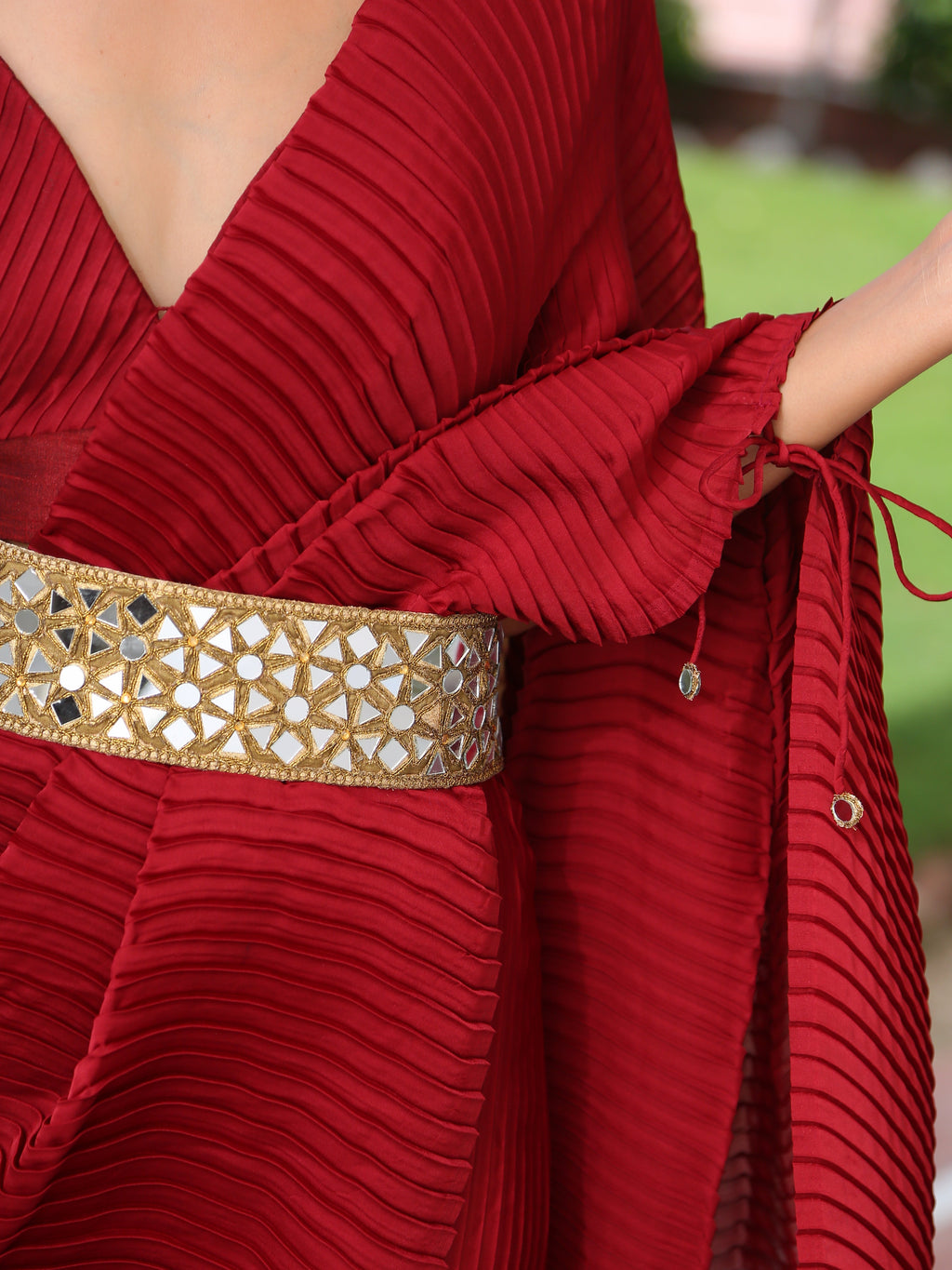 Women's Accordion Maroon Pre-Draped Saree with Self Arm-Tie 1 Piece | Festive Wear, (Satin)