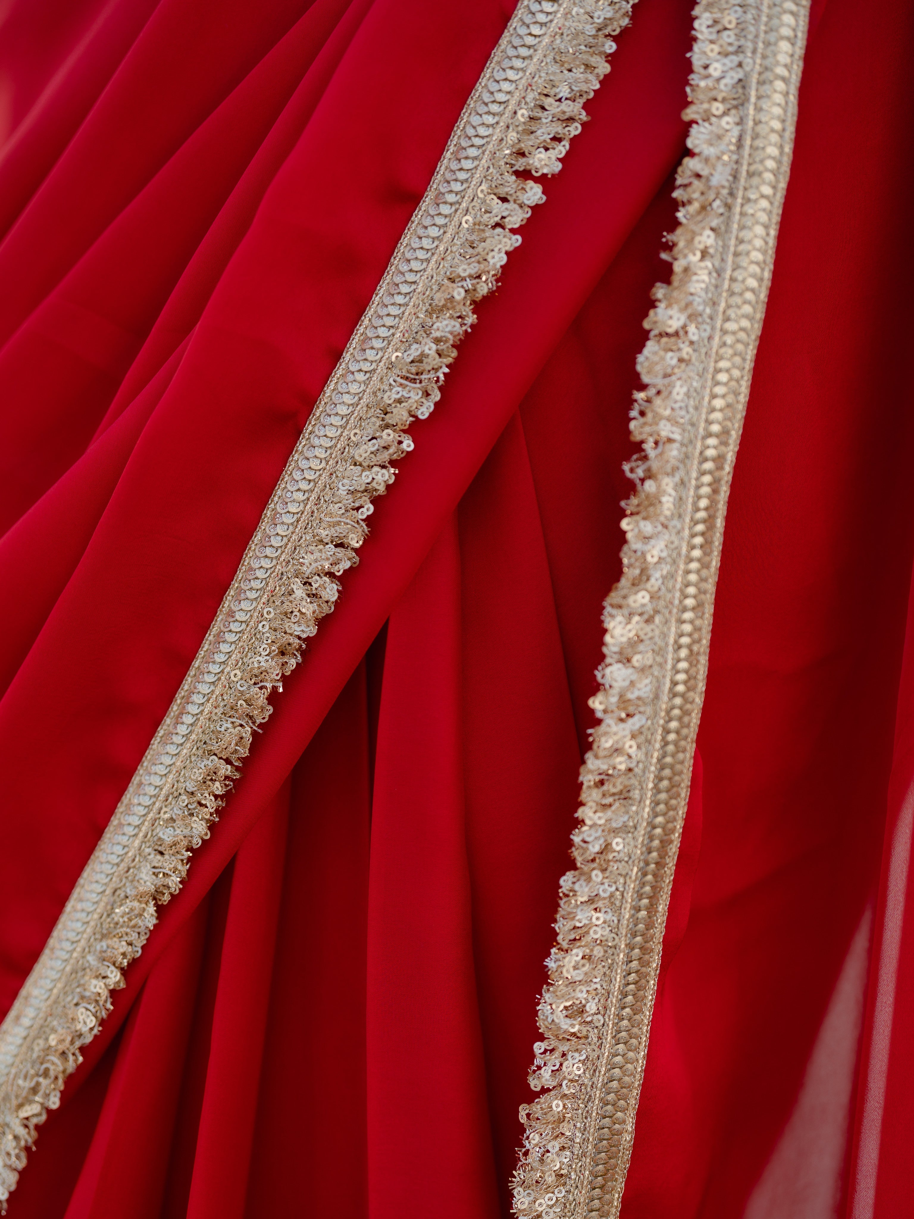 Satin Red Saree with Sequin Laces & Self Blouse Fabric