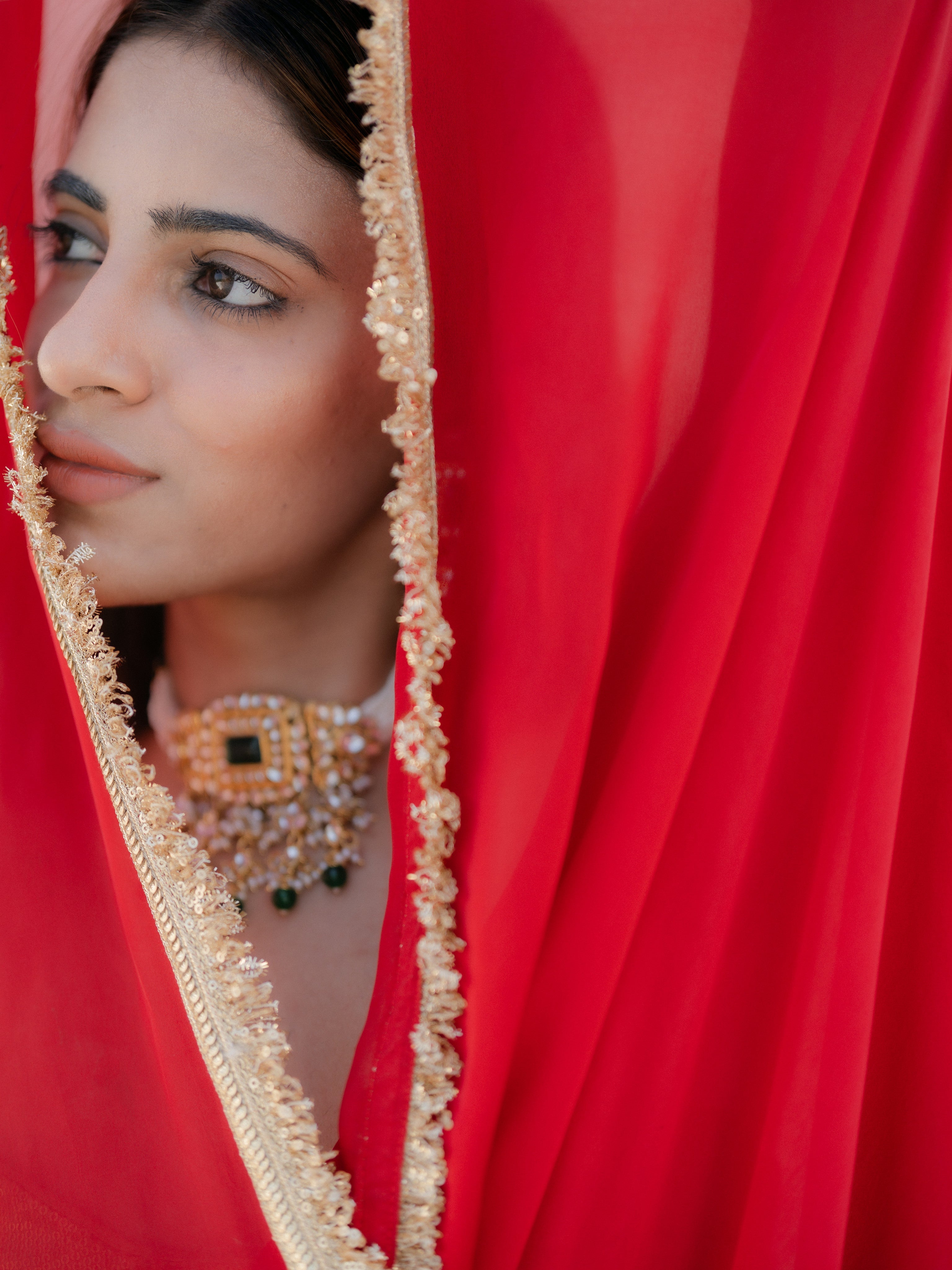 Satin Red Saree with Sequin Laces & Self Blouse Fabric