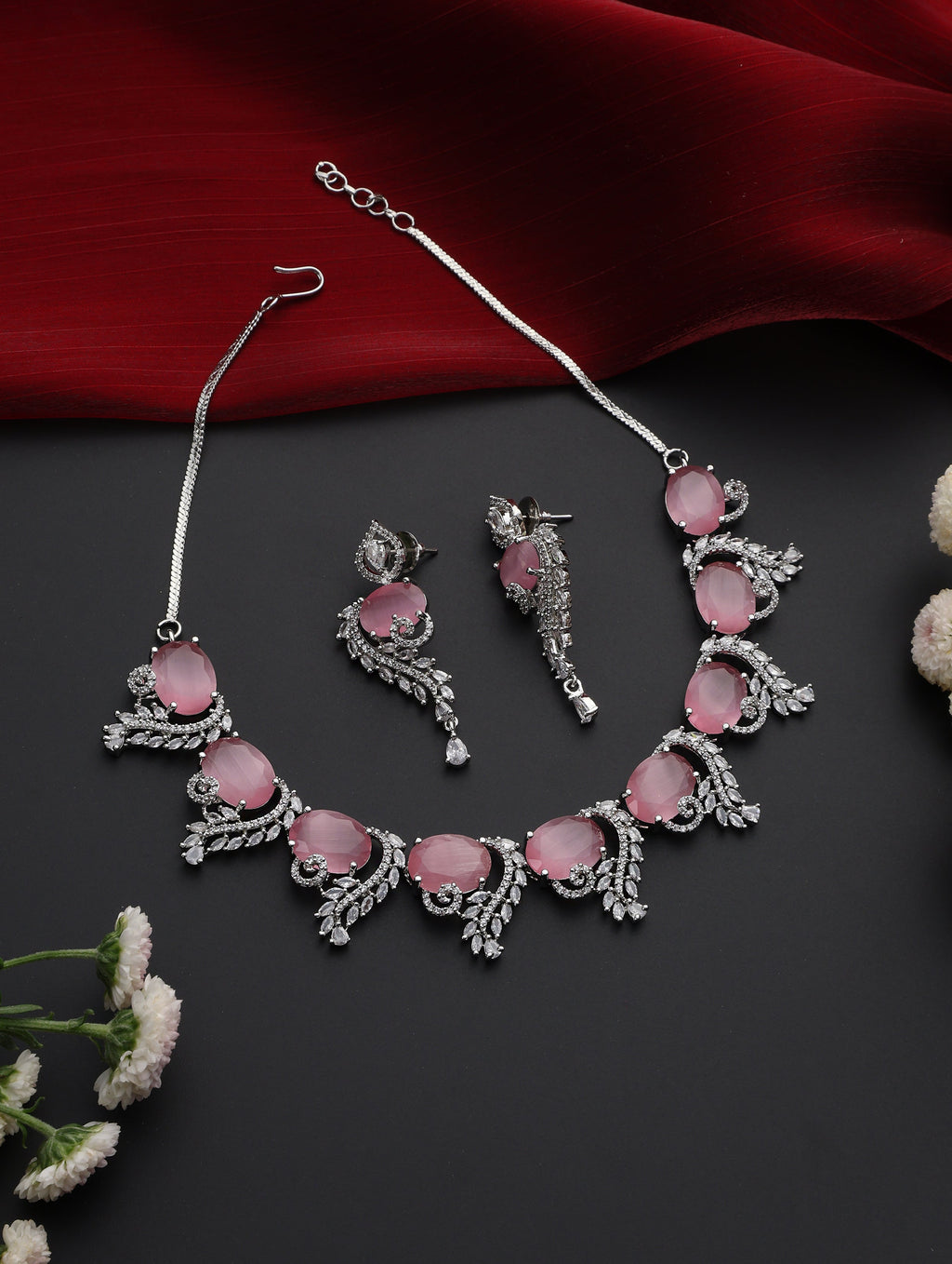 Luxury Pink Color American Diamond Premium Necklace & Earring Set