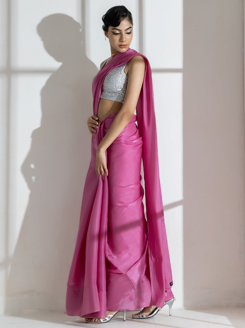Onion Pink Silky Organza Saree with Beads and Self Blouse Fabric