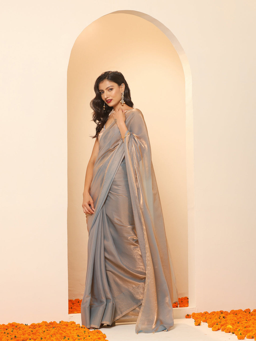 Copper Grey Metallic Satin Saree with Beads with Blouse Fabric