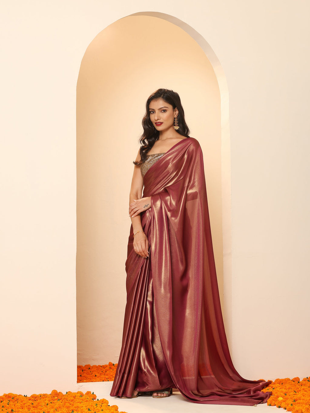 Wine Gold Chiffon Saree