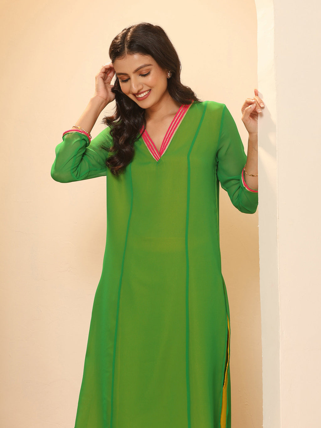 Women's Green & Mustard Surprise Georgette Kurta with Pink Lace and Pants 2 Piece Set | A-Line, V Neck, 3/4 Sleeves, Pants,Work wear, Festive Wear, (Georgette)