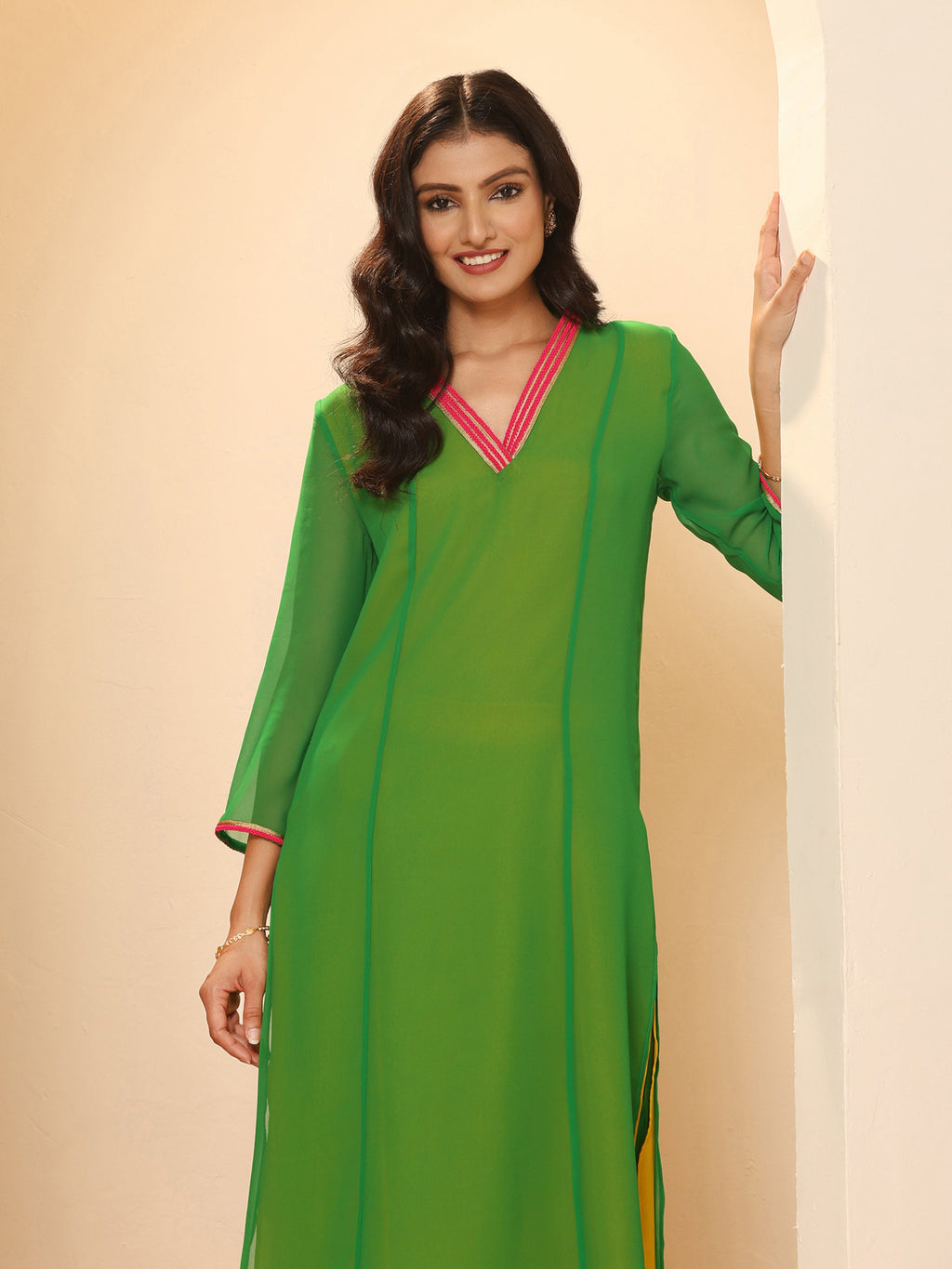 Women's Green & Mustard Surprise Georgette Kurta with Pink Lace and Pants 2 Piece Set | A-Line, V Neck, 3/4 Sleeves, Pants,Work wear, Festive Wear, (Georgette)
