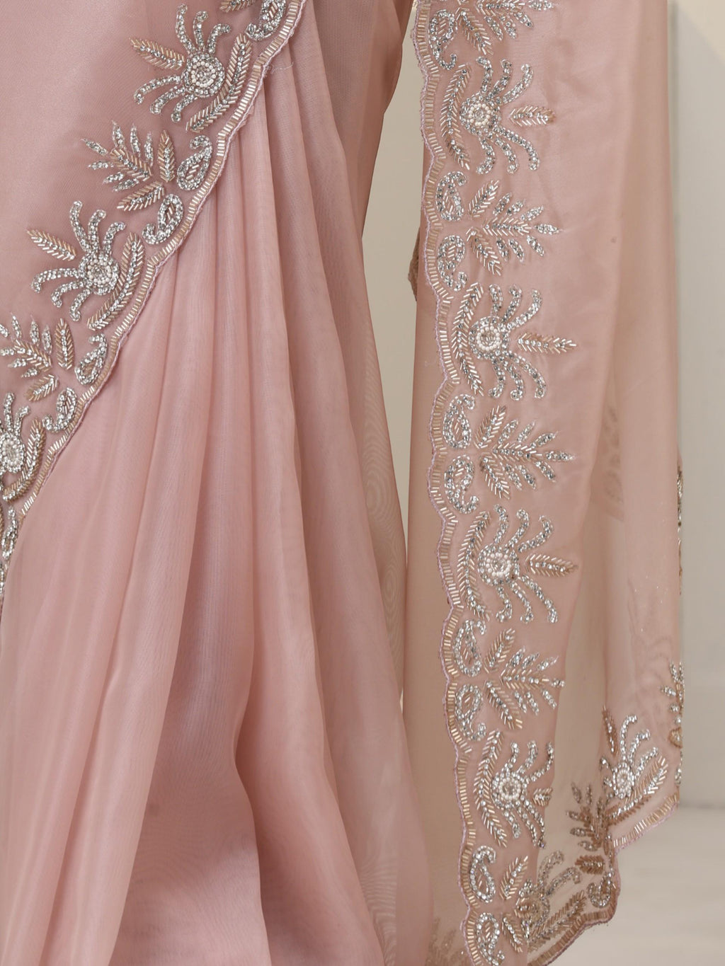 Rose Gold Organza Saree with Cut-Dana Embroidery with Blouse Fabric