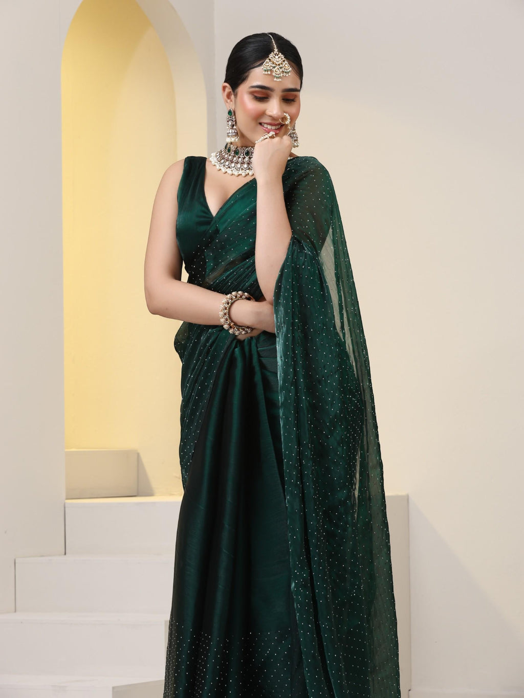 Emerald Swarovski style Saree with Lace and Blouse Fabric